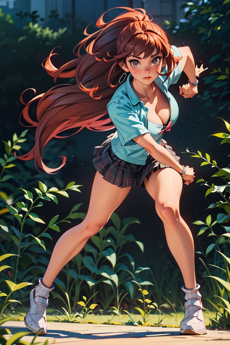 1 Girl, full body, curvy body, high quality, masterpiece, ultra-high resolution, looking at viewers, real skin textures, realistic eyes and face details, cleavage, breasts, soft makeup, long gray hair, straight hair, light brown eyes, short skirt, nature background, plaid skirts, red tight short T-shirt, bangs, detailed eyes, perfect hands, perfect feet, hdr, 4k, 8k, ultra HD