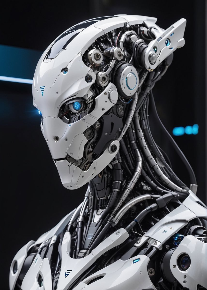 a highly advanced and futuristic robot, intricately designed with a combination of sleek white and metallic components. The robot's head is adorned with various sensors and cameras, including a glowing blue light on one side, suggesting advanced visual or analytical capabilities. Its faceplate is smooth and streamlined, possibly with a visor or display panel.
The robot's body is a complex assembly of mechanical parts, including exposed cables, tubes, and joints, indicative of sophisticated engineering. The chest area features a central blue light, perhaps serving as a power indicator or another type of sensor. Overall, the design is highly detailed, suggesting a high level of functionality and versatility, with a possible emphasis on both aesthetic appeal and technical performance.
The background hints at a natural environment with greenery and an underwater-like setting, adding an intriguing contrast between the organic surroundings and the advanced technological figure.,txznmec