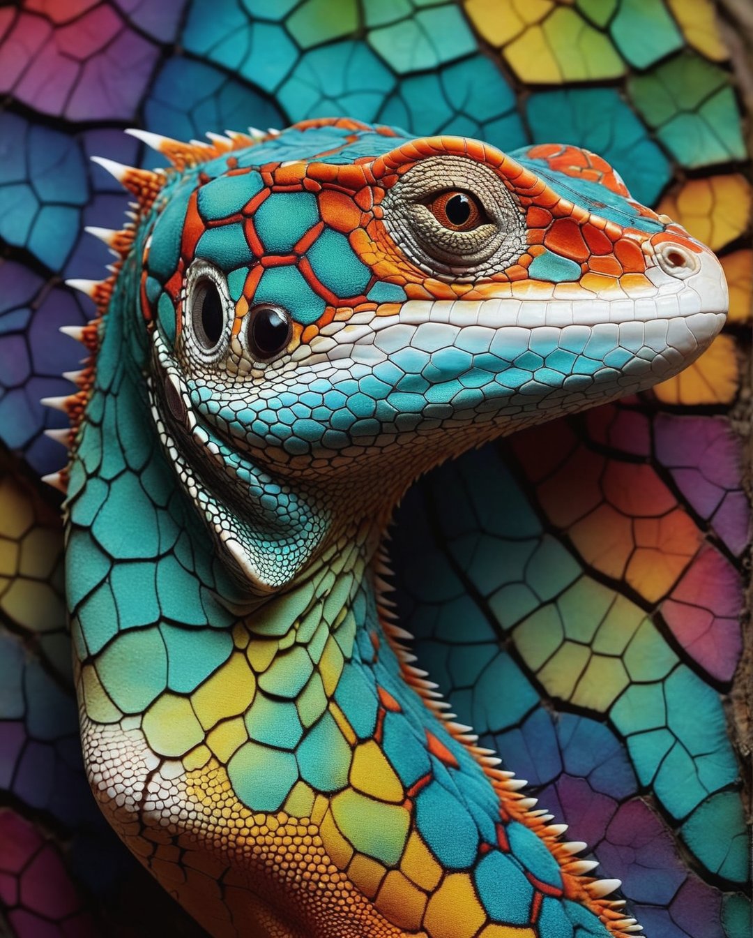 Create a unique and vibrant design featuring a lizard with intricate fractal patterns painted on its skin. The patterns should use bright and attractive colors, creating a stunning and eye-catching appearance. The lizard should be posed in various interesting positions to highlight the detailed and colorful fractal designs. The background should be simple to keep the focus on the lizard and the fractal patterns.