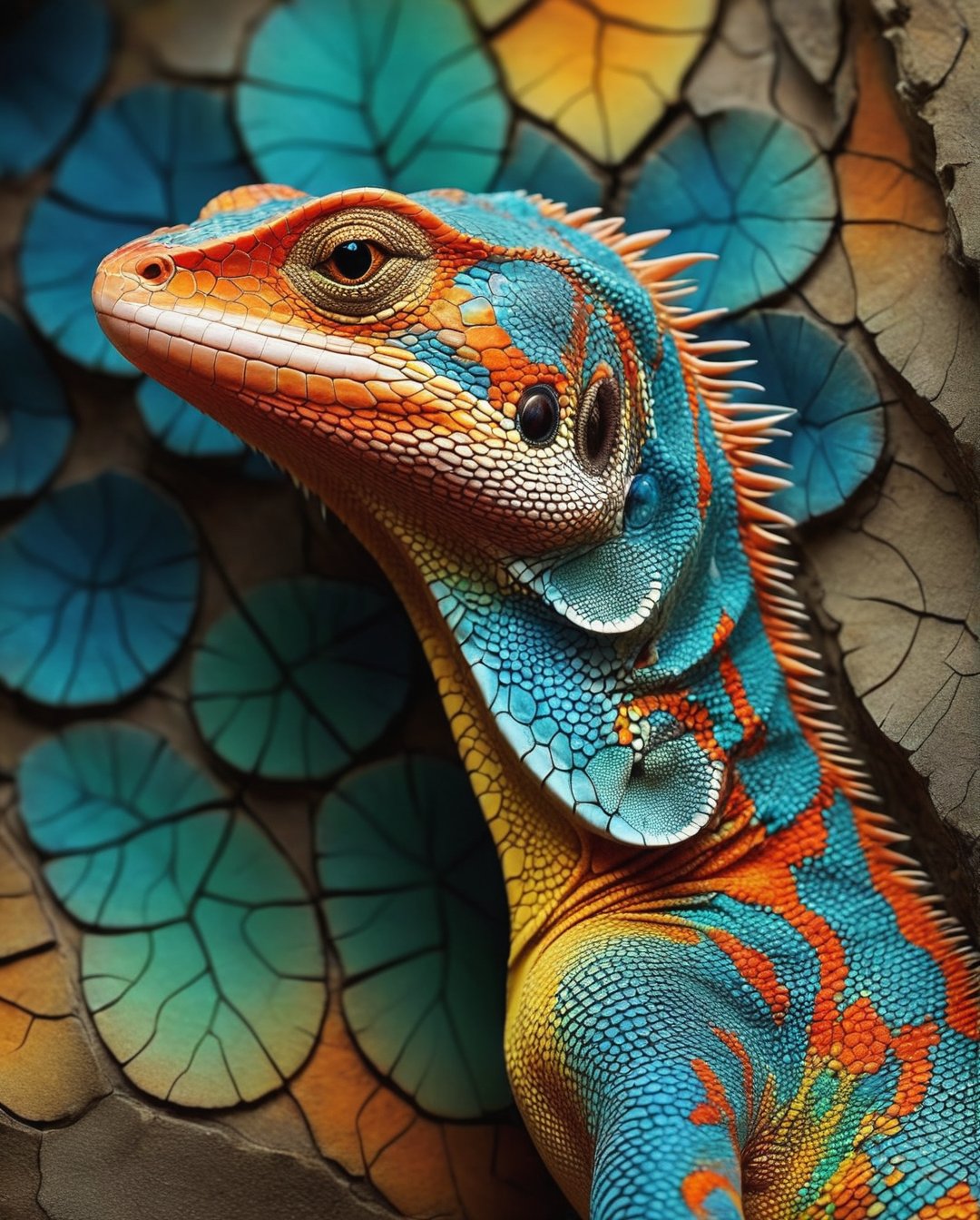 Create a unique and vibrant design featuring a lizard with intricate fractal patterns painted on its skin. The patterns should use bright and attractive colors, creating a stunning and eye-catching appearance. The lizard should be posed in various interesting positions to highlight the detailed and colorful fractal designs. The background should be simple to keep the focus on the lizard and the fractal patterns.,BrokenIR, background of a forest 