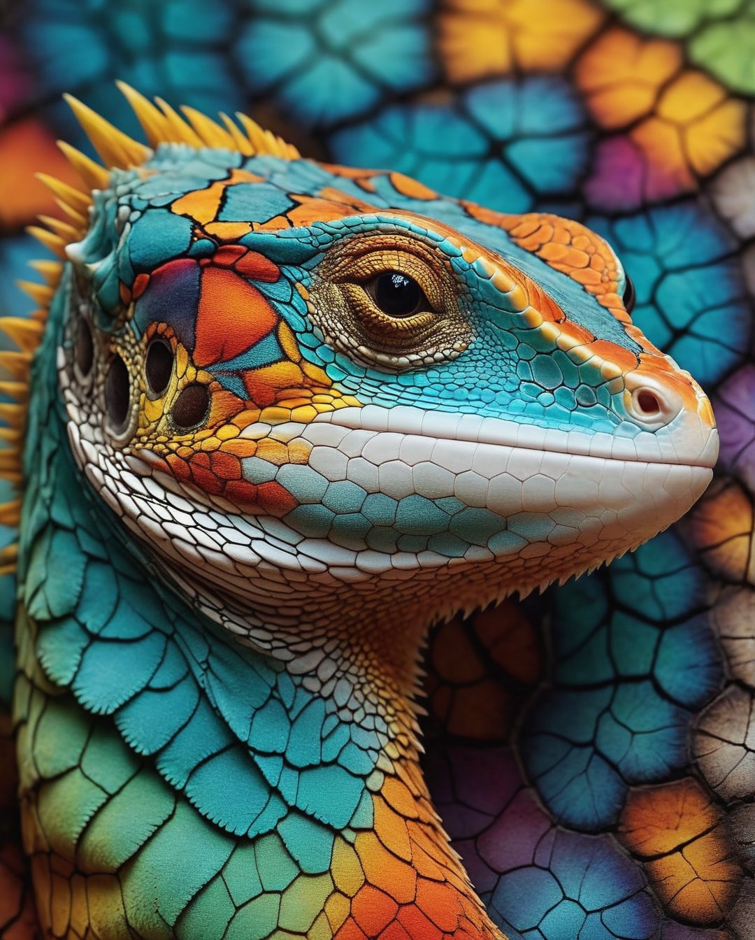 Create a unique and vibrant design featuring a lizard with intricate fractal patterns painted on its skin. The patterns should use bright and attractive colours, creating a stunning and eye-catching appearance. The lizard should be posed in various interesting positions to highlight the detailed and colourful fractal designs. The background should be out of focus, focus on the lizard and the fractal patterns., BrokenIR, the background of a forest 