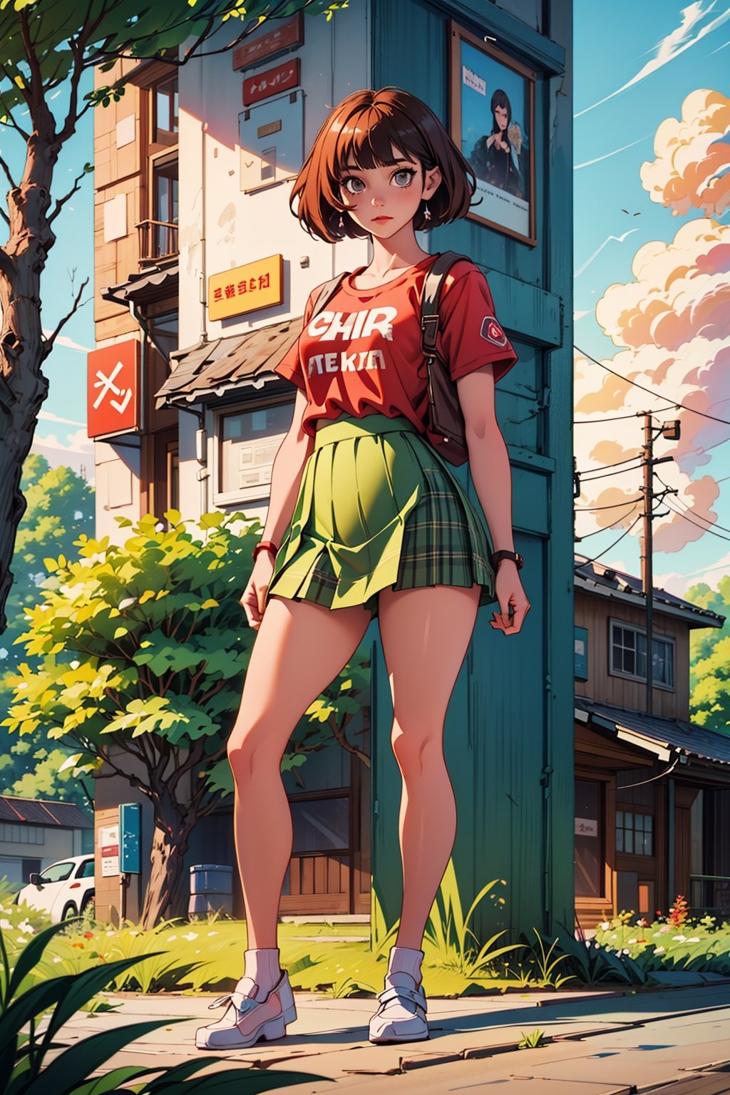 1 Girl, full body, curvy body, high quality, masterpiece, ultra high resolution, looking at viewers, real skin textures, realistic eyes and face details, soft makeup, short fluffy hair, straight hair, light brown eyes, short skirt, nature background, plaid skirts, light red T-shirt, bangs, detailed eyes, perfect hands, perfect feet, hdr, 4k, 8k, ultra HD