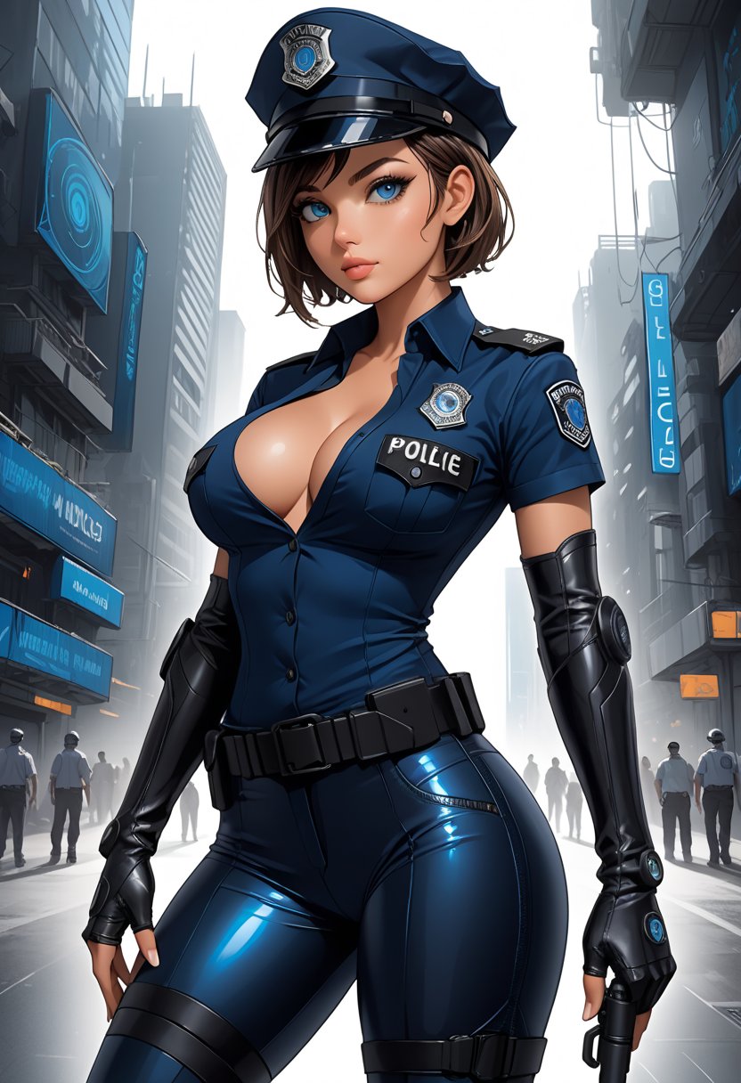 very beautiful:: sexy police girl in police uniform, cute face, big eyes:: detailed eyes, beautiful lips, glossy lips, hourglass body, cyberpunk elements, normal breasts,  cleavage, skin-tight lather pants, knee-high pointed boots. (very short hair), cyberpunk, elegant standing pose, perfect hands and fingers, perfect eyes, perfect body, HD quality, highly detailed, high-tech details, cosmic illustration mixed media by Pablo Amaringo  ethereal fantasy hyperdetailed:: clean bold Line Drawing, ink art, comic style shading, cross-hatching style:: white background,lineart,LineAniAF,short blue dress,hud_plce_wmn,short sleeves