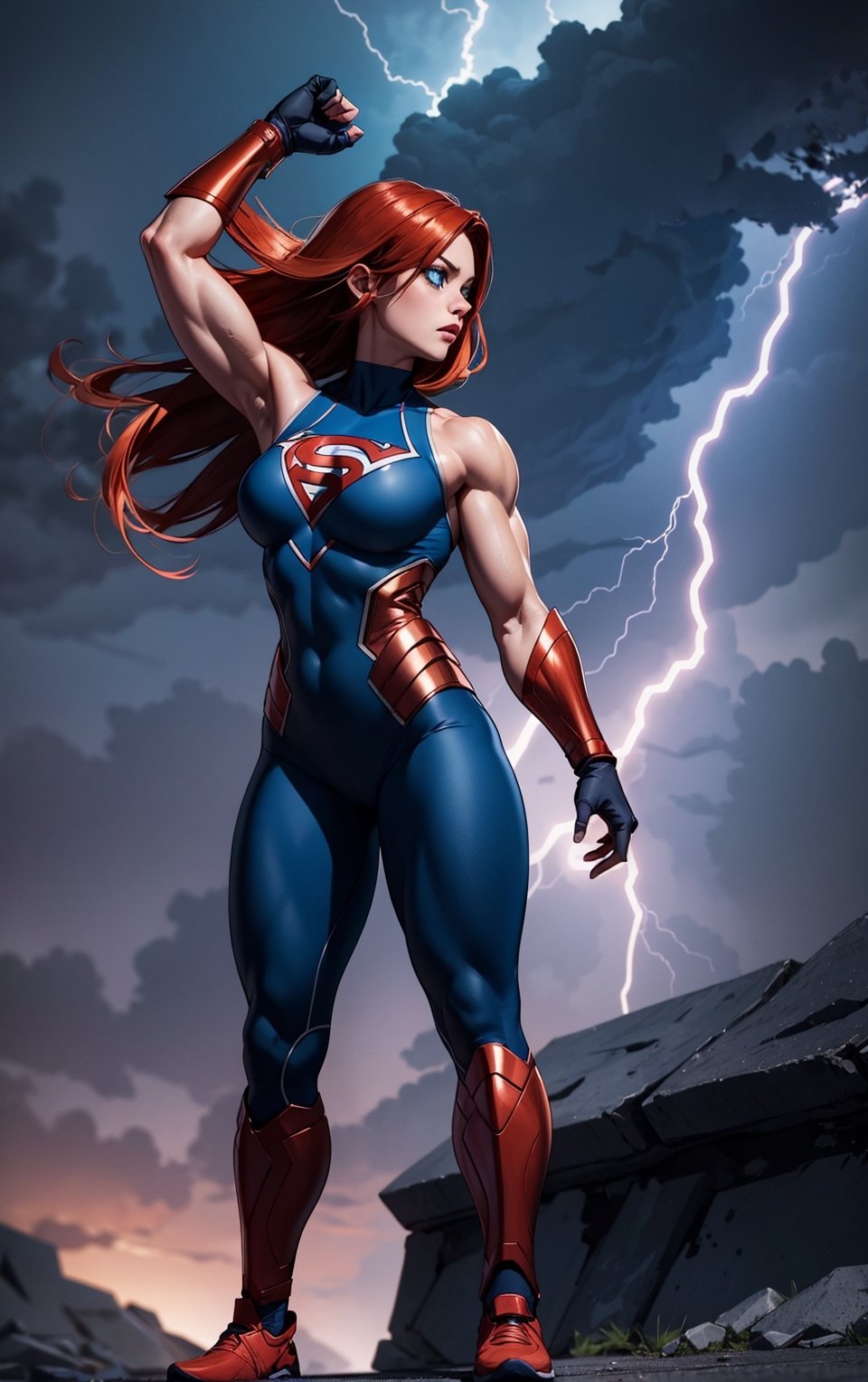 masterpiece,  best quality,  Very muscular woman
outdoors,  A very muscular woman, hands well shown,  standing, superhero style leggings, Dramatic lighting, Night time, Thunderstorm background, blue eyes, copper hair, High detailed,