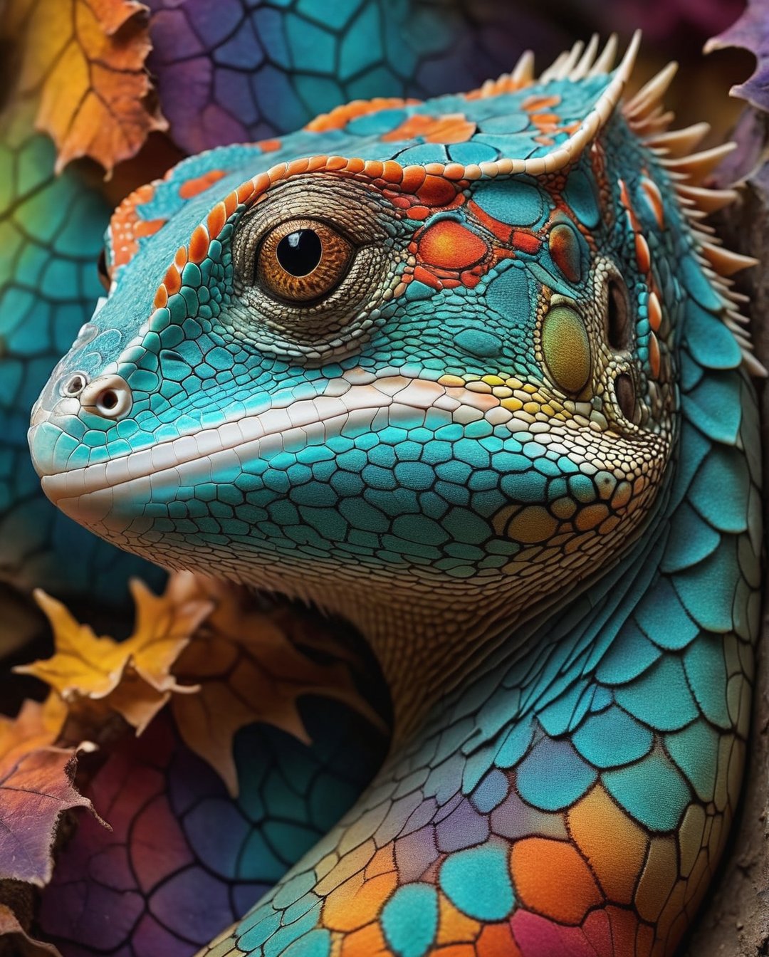 Create a unique and vibrant design featuring a lizard with intricate fractal symmetrical patterns painted on its skin. The patterns should use bright and attractive colours, creating a stunning and eye-catching appearance. The lizard should be posed in various interesting positions to highlight the detailed and colourful fractal designs, a very cute face with big eyes, The lizard should be posed in various interesting positions to highlight the detailed and colourful fractal designs. The background should be out of focus, BrokenIR