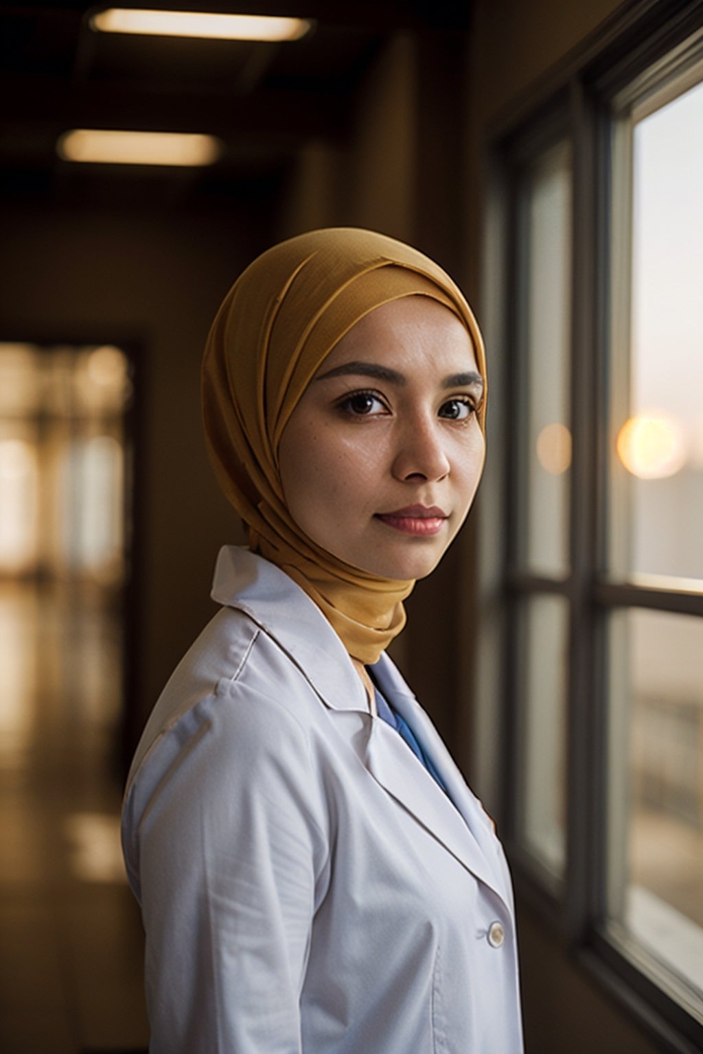 a photo of a female doctor with hijab in the hospital, detailed face, ambient lighting, photography, golden hour, cinematic angle, telephoto