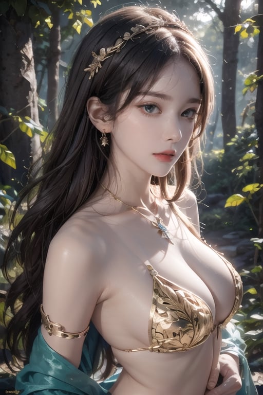 (8k, RAW photo, photorealistic:1.25), (large breasts), (highly detailed skin:1.2) , transparent stola , golden-diamonds tiara, bracelets, heavy necklace, earring, glowing magical staff , misty forest background, bangs, blunt bangs, ulzzang, afraid face ((looking at viewers)), loose brown hair,1 girl, running, dark ambience, the sun's rays penetrate through the crowns of trees, erect nipple,girl