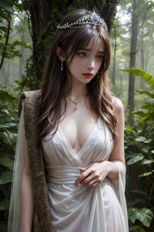 ((Realistic light、top-quality、8K、​masterpiece:1.3)), a pretty princess, desperately fleeing, a dark and foreboding forest, (topless), white dress clings to her waist, long-legged, thick body, tall stature, diamond-studded earrings, a shimmering necklace, gold diamonds tiara, The forest is shrouded in mist, with gnarled trees, rain pours from the sky, looking at viewer, view front below, nsfw, crying_with_eyes_open,