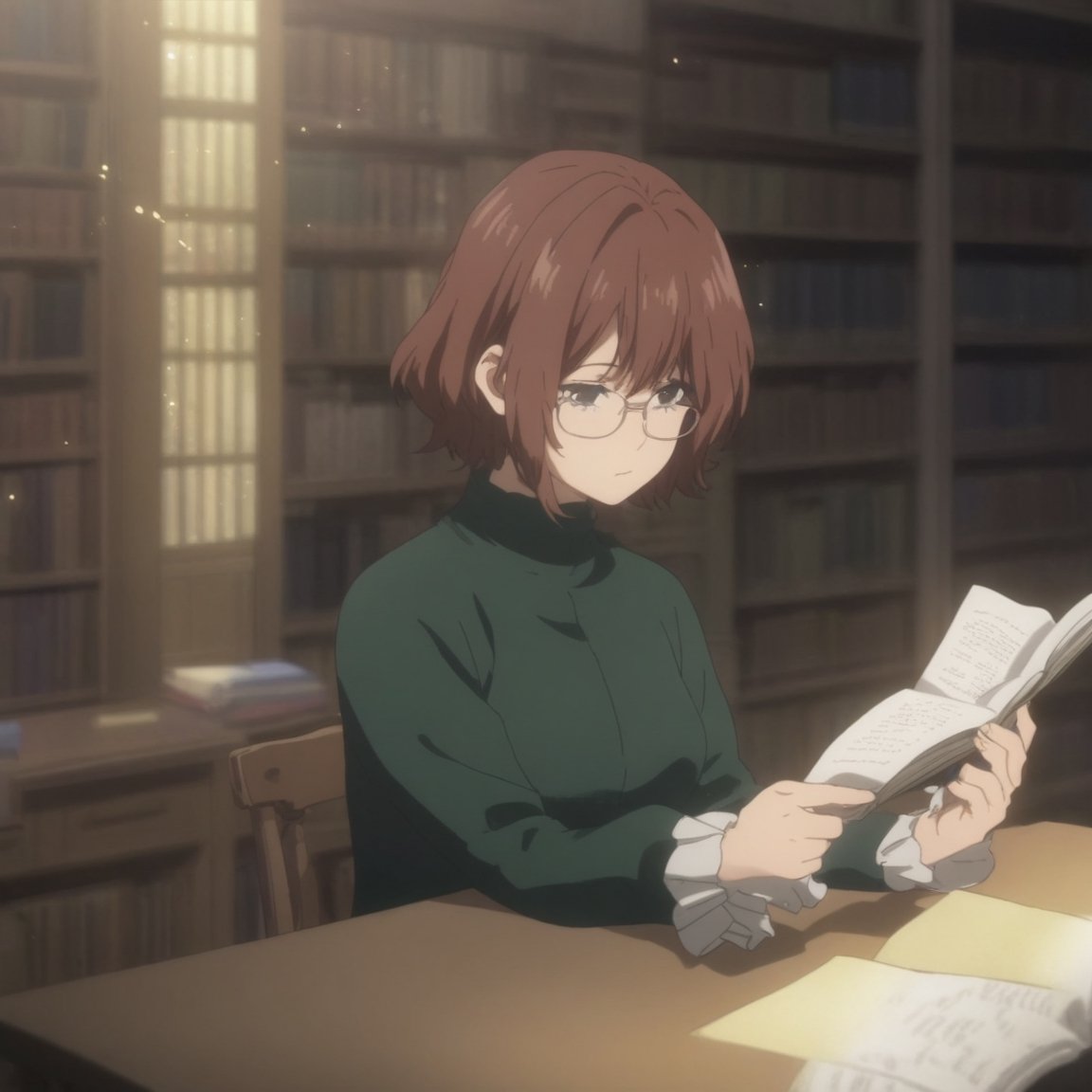 masterpiece, best quality, ultra detailed, 1woman, highly detailed, perfect face, short chestnut hair, black eyes,(perfect female body), glasses, bangs, wearing fancy clothes. reading a book in the library. particles in the environment, perfect lighting.  score_9,boku_no_hero_academia_style,shullet,fine_ascxl,Visual Anime