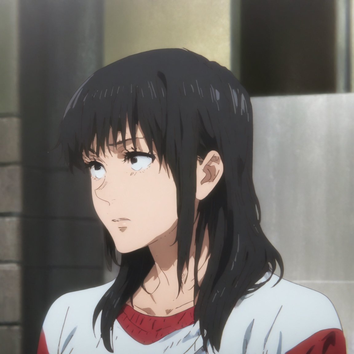 masterpiece, best quality, ultra detailed, 1woman, highly detailed, perfect face, black hair, hair cut in layers to the neck, black eyes,(perfect female body). stop on a train listening to music with cable headphones. particles in the environment, perfect lighting. shullet, fine_ascxl, Visual Anime, mullet_hair ,jujutsu_kaisen_style,Jujutsu Kaisen Season 2 Anime Style,shullet,anime_screencap