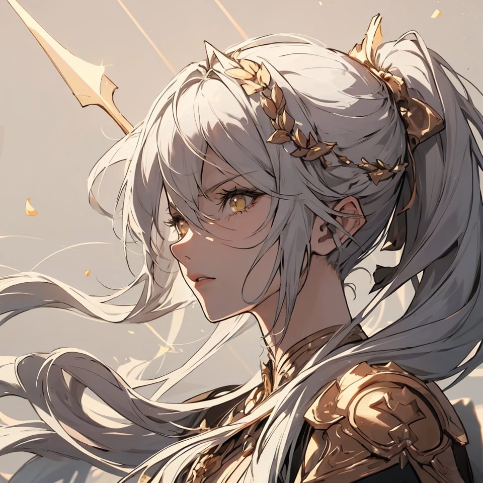 a woman, long gray hair collected in a ponytail, golden eyes, light alo on the head, angry profile. Holding a white bow, golden details, arrows of light, plowing. Celestial background                                                                                                                                                                                                                                                                                                                                                                                                                                                                                                                                                                        . Detailed rustic artistic cinematic lighting with environmental particles, tones, dark environments, low light,greek clothes