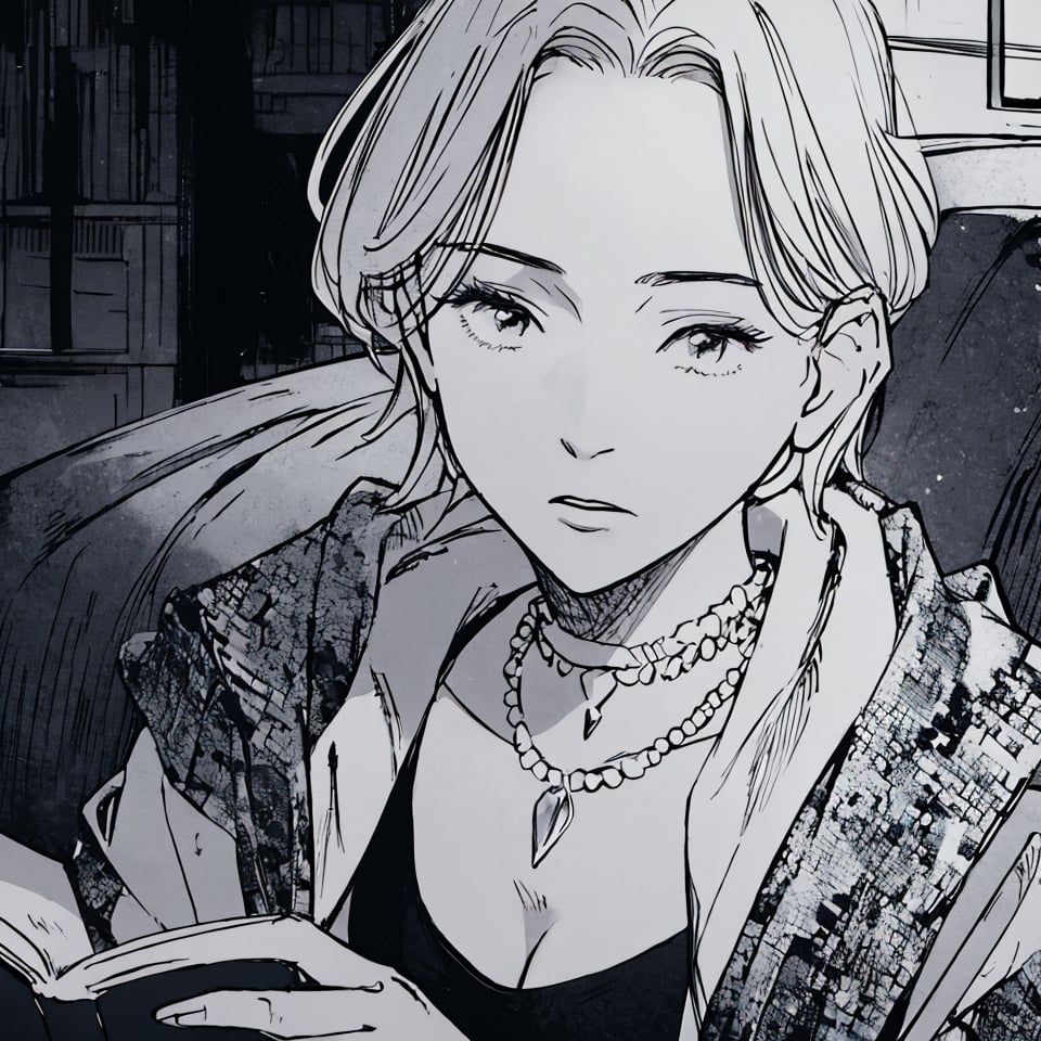  masterpiece, best quality, portrait, ultra detailed, 1 woman, highly detailed, perfect face, upper body, beautiful short hair girl with a cute choker around her neck and a snake necklace, masterpiece, drinking tea and reading a book. urasawa style,urasawastyle