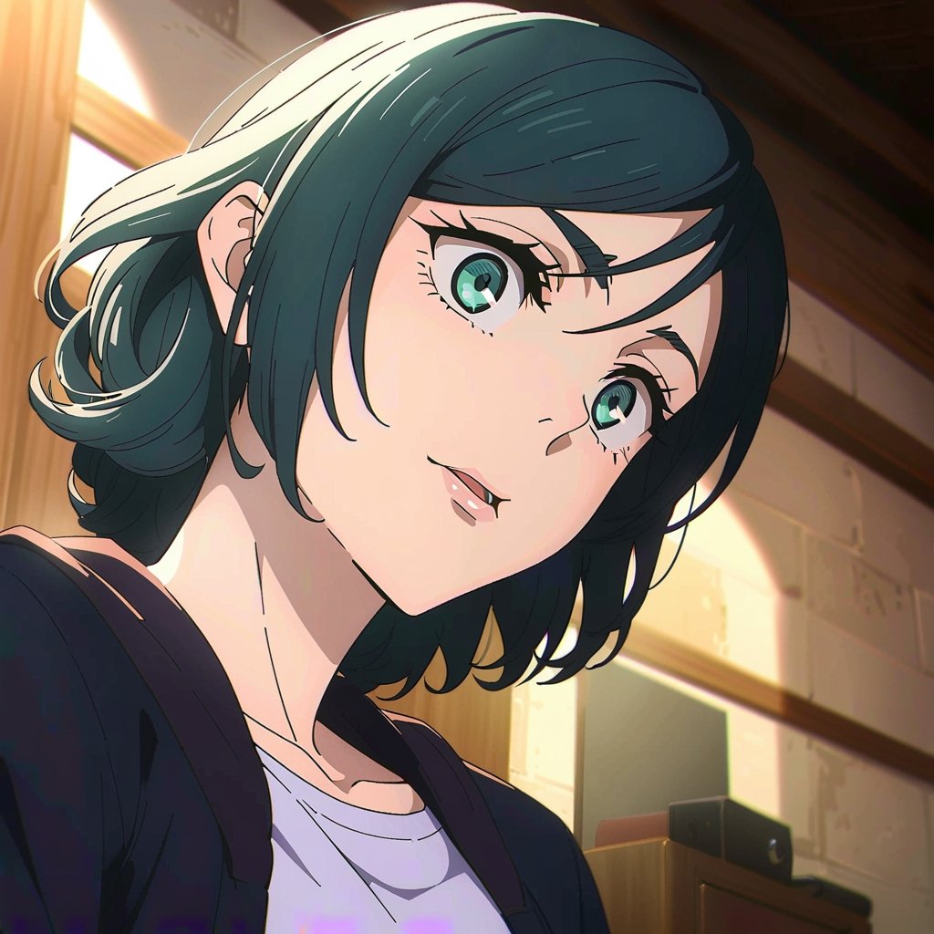 1girl ((best quality)), ((highly detailed)), masterpiece, ((official art)), detailed face, curtain bangs, beautiful face, (detailed eyes, deep eyes), green eyes, short curly dark green hair from below, intricately detailed, depth of field, best quality, masterpiece, intricate details, tone mapping, sharp focus, hyper detailed, 1 girl, high resolution, official art, SFW,Jujutsu Kaisen Season 2 Anime Style
