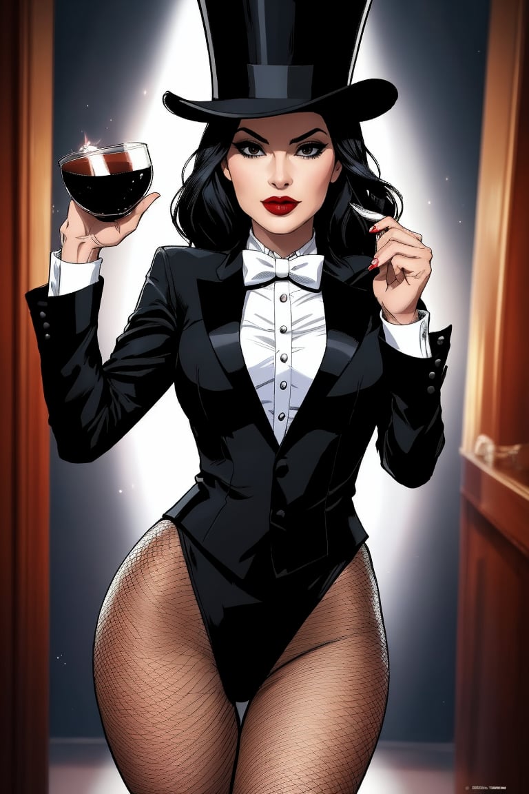 Zatanna DC comic character, Beautiful Mexican mature woman, medium long black hair, dark eyes, shapely body, top hat, black tuxedo jacket, white top underneath, white bow-tie, black fishnet tights, black knee-high high-heeled boots,Zattana