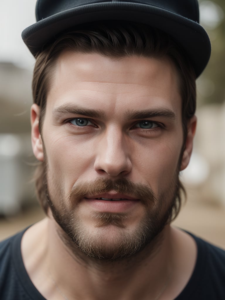 A close-up shot of a ruggedly handsome Canadian man, reminiscent of Johan Hegg, with caramel blonde hair framing his striking features. His piercing light blue eyes sparkle beneath a thick black metalhead t-shirt, paired with a black cap and a majestic beard and moustache that cascade down his chin. The strong facial structure and weathered complexion evoke a sense of rugged individualism.