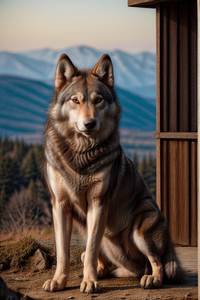 A majestic canine stands tall, its hybrid features a testament to its unique heritage. A wolf-dog's striking grey coat, infused with the dark tones of a Siberian Husky, glistens in the golden light of dawn. The camera frames the subject from a low angle, emphasizing its powerful build and regal demeanor. As it surveys its surroundings, its piercing yellow eyes seem to hold a deep wisdom, while its ears perked up in attention, as if listening for distant howls. The gray wolf's wild essence seeps into the composition, with subtle hints of rugged terrain in the background.