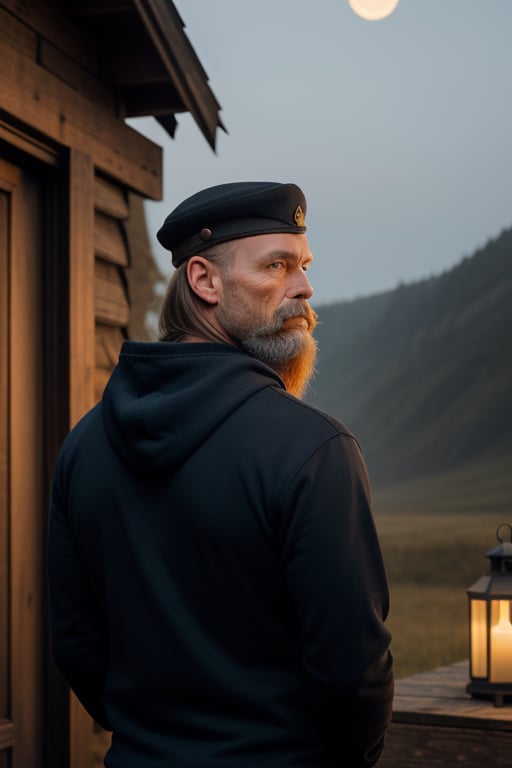 A middle-aged Canadian gentleman with a striking resemblance to Varg Vikernes stands out in a dimly lit, rustic setting. His caramel blonde locks cascade down his back, framing his chiseled features and piercing light blue eyes. A majestic Viking beard and moustache add to his rugged aura, while a gray hoodie and military cap complete the ensemble. He exudes a sense of quiet strength, his imposing presence illuminated by the soft glow of lanterns or the faint moonlight.