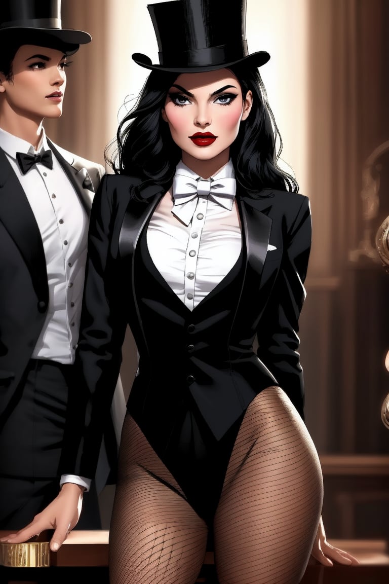 Zatanna DC comic character, Beautiful Mexican woman, medium long black hair, dark eyes, shapely body, top hat, black tuxedo jacket, white top underneath, white bow-tie, black leotard, black fishnet tights, black knee-high high-heeled boots,Zattana