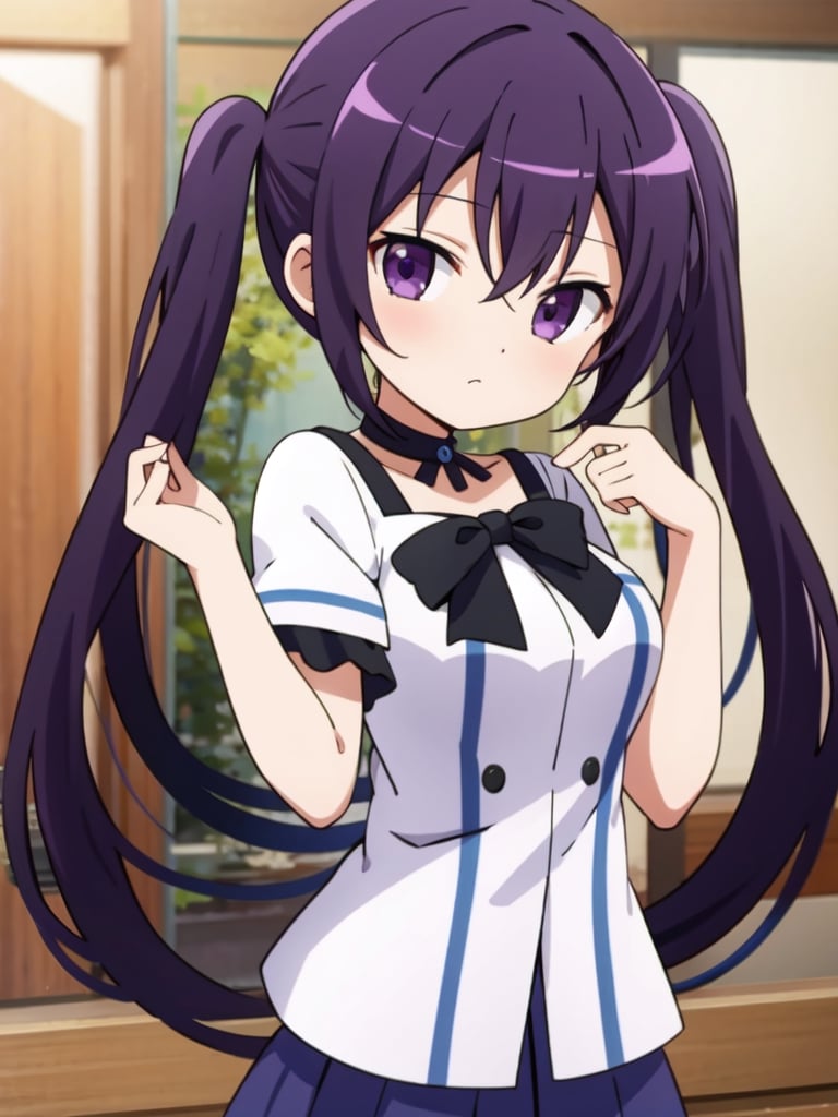 (masterpiece), best quality, high resolution, extremely detailed, detailed background, perfect lighting, (kawaii:1.0), cute, nice hands, perfect hands, simple, smooth line, vivid color, solo, 1girl, Tedeza Rise, purple hair, long hair, twintails, purple eyes, bangs, hair ornament, blush, hairclip, hair between eyes, large breasts, cowboy shot,