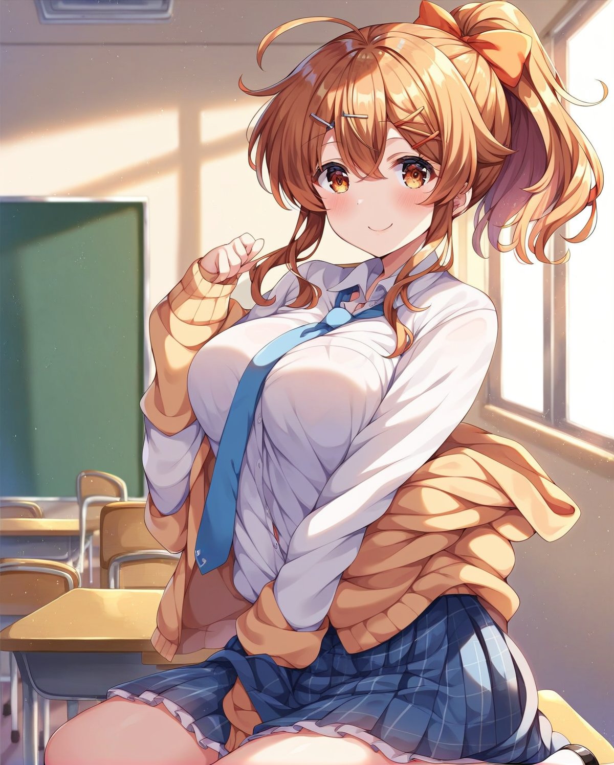 score_9, score_8_up, score_7_up, BREAK source_anime, rating_questionable, uncensored, 1girl, qp\:flapper, girlfriend_\(kari\), sakurai_akane_\(girlfriend\), ahoge, brown_hair, brown_ eyes, ponytail, hairclip, hair_ornament, orange_bow, large_breasts, school_uniform, plaid_skirt, blue_necktie, blue_jacket, blue_sox, school_classroom, looking_at_viewer, smile,sakurai_akane