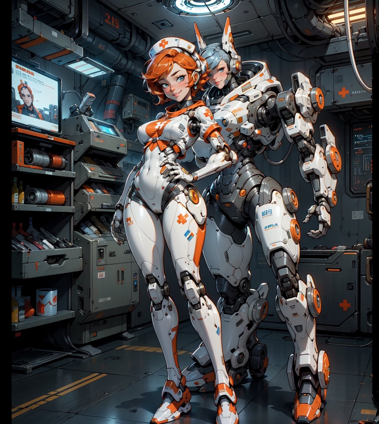  1 girl , Nurse , cute girl, pretty eyes, cheeky face , short Orange hair, naked, big boobs, curvy_figure , appendages in matching pairs , proper robot Sneakers , proper robot hands , naughty grin , Sci-fi, ultra high res, futuristic , {(little robot)}, {(solo)}, full body , {(complex, Machine background ,spaceship Medical bay interior background, Mecha medical parts)}