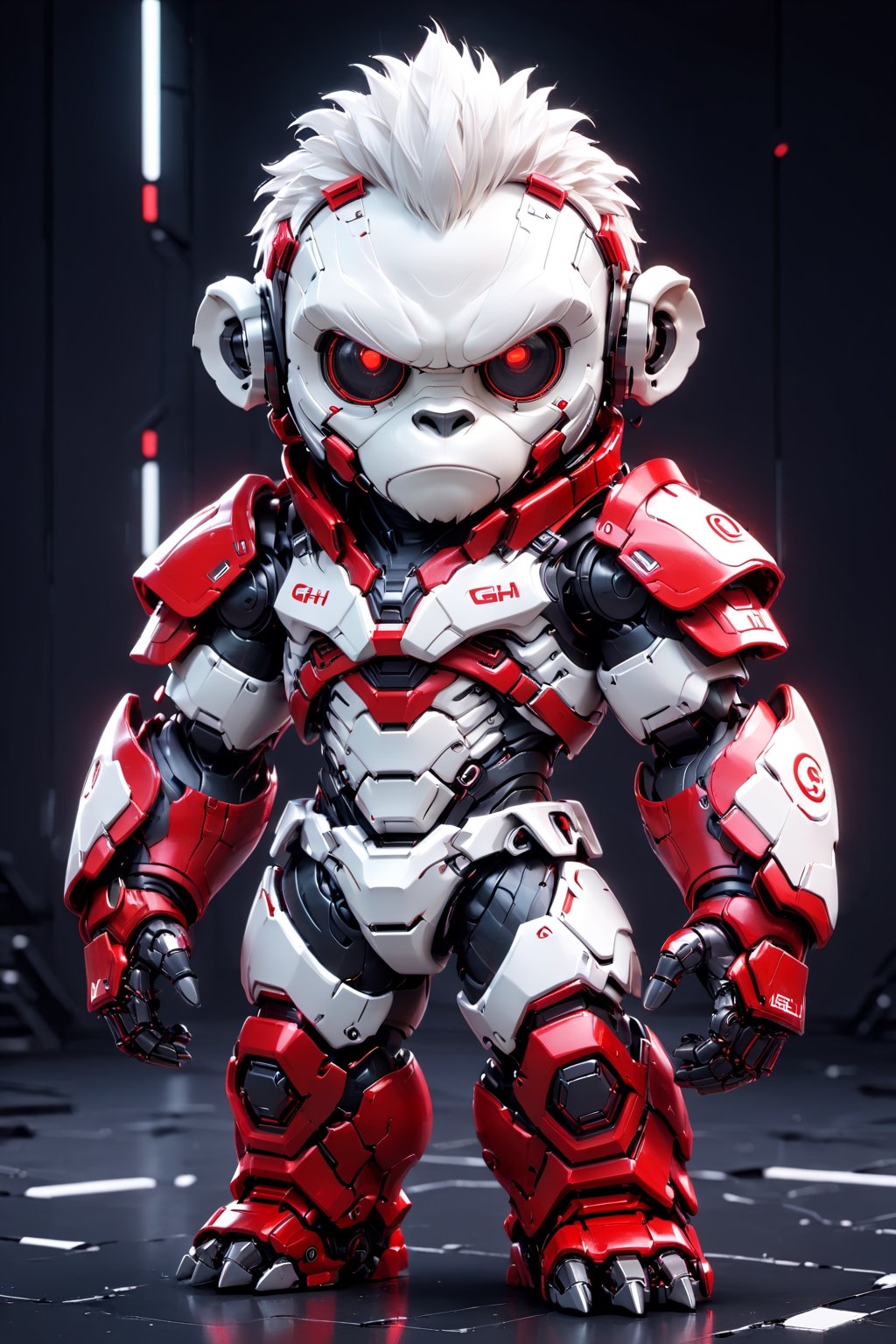 (Masterpiece, Best Quality: 1.5), EpicLogo, white armor, robot, red armor, white face, looking at viewer, gorilla style, center view, cute, toned, cinematic still, cyberpunk, full body, cinematic scene, complex Mechanical details, ground shot, 8K resolution, Cinema 4D, Behance HD, polished metal, shiny, data, white background,WEARING HAUTE_COUTURE DESIGNER DRESS,gh3a