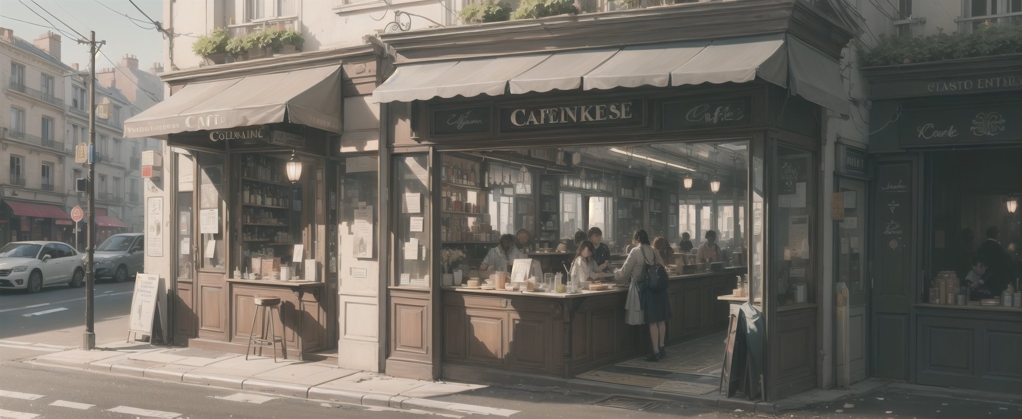 Paris street corner cafe

(extremely detailed CG unity 8k wallpaper),(((masterpiece))), (((best quality))), ((ultra-detailed)), (best illustration),(best shadow), ((an extremely delicate and beautiful)) fairy tale, fantasy,wind,classic, (detailed light),feather, nature, (sunlight),(painting),(sketch),(bloom),(shine), high resolution, high contrast ratio, high detail, high texture, texture surreal high quality figure, ultra high quality, golden ratio,Cyberpunk,realhands