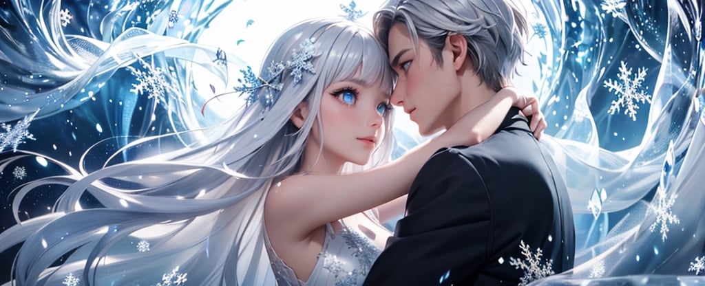 (((Couple hugging, 1 man and 1 woman))),((best quality)), ((masterpiece)), ((ultra-detailed)), extremely detailed CG, (illustration), ((detailed light)), (an extremely delicate and beautiful),  solo, ((upper body,)), ((cute face)),Smile, (beautiful detailed eyes), blue dragon eyes, (Vertical pupil:1.2), white hair, shiny hair, colored inner hair, [Armor_dress], blue_hair ornament, ice adorns hair, depth of field, [ice crystal], (snowflake), [loli], [[[[[Jokul]]]]]
,REVERSE UPRIGHT STRADDLE,WallE
,ZGirl  
kiss