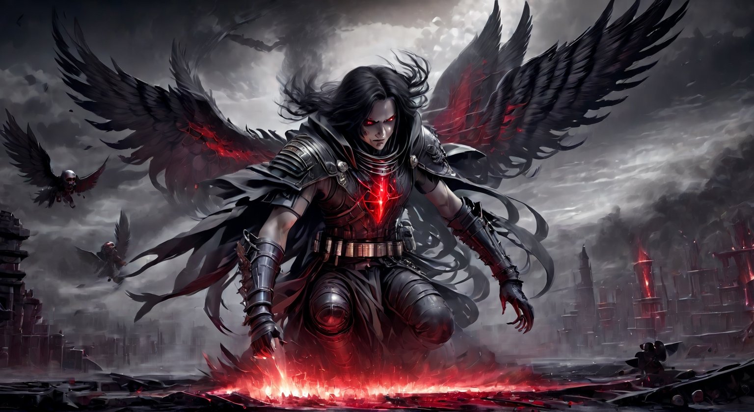 Depth of field, portrait, award-winning, perfect photo cinematic lighting, photorealism, octane render, ultra-fine details, up close, trending on art-station, 8k, highest quality, ultra-detailed dark fantasy image of Azrael, the Angel of Death descending onto a battlefield, his bloody rotting necrotic wings spreading wide, filling the air with dust and ash. The atmosphere is highly dramatic, evoking a sense of impending death. The lighting is eerie, casting a haunting glow on the surroundings. The setting is desolate, featuring a barren landscape that enhances the feeling of desolation., trending on artstation, sharp focus, studio photo, intricate details, highly detailed, by greg rutkowski,EpicSky,steampunk style,IncrsXLRanni,science fiction,cyborg style