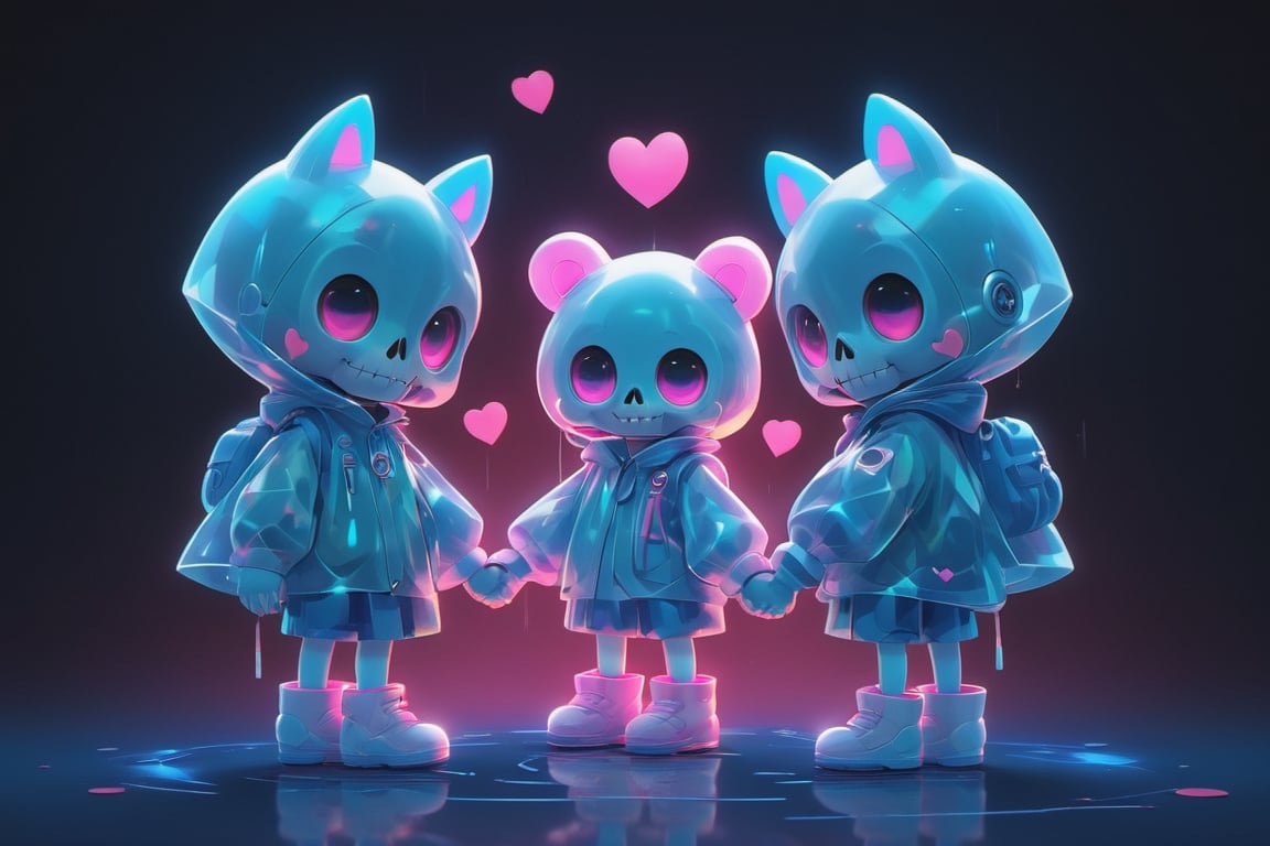 TenTen Mascot, micro designed cute monster, blue and white colored, minimalistic, 3d style, DonMCyb3rN3cr0XL ,Techno-full body, artificial intelligence,avatar cute
Cute skull man with heart-shaped eyes 
Background full of pink hearts
It's a couple holding hands,DonMChr0m4t3rr4XL 