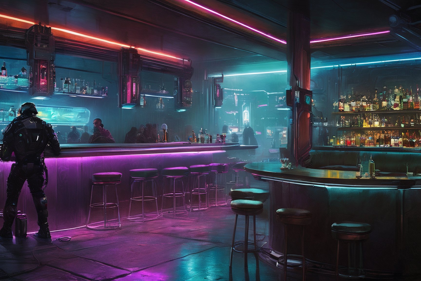 cyberpunk, scifi, luxurious, neon, cyberpunk, bar Lounge,no humans, dystopia, near future, cybernetic, greg rutkowski, illustration, concept art