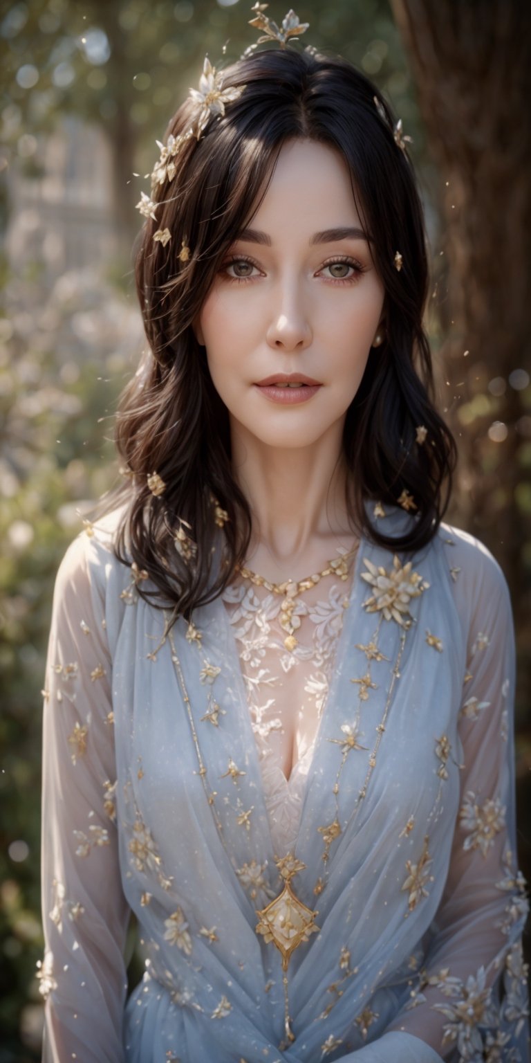 best quality, high resolution, 8k, realistic, sharp focus, photorealistic image of a beautiful white haired old lady queen in the secret garden amongst ruins and flowers and trees, 55 years old, this queen wearing golden garb , semi transparent decoration, shiny skin, reflection, far camera shoot, blurry_light_background,1 girl,yuzu