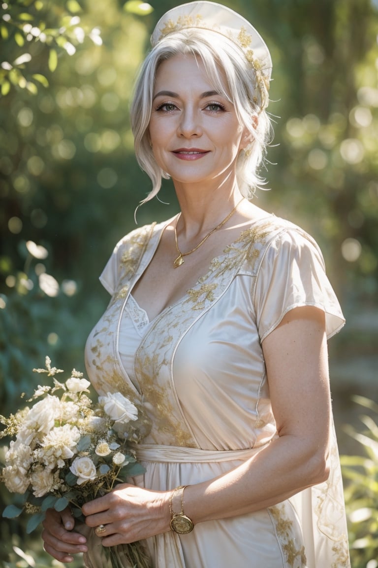   ((Fujifilm))milf,best quality, high resolution, 8k, realistic, sharp focus, photorealistic image of a beautiful white haired old lady nurse in the secret garden amongst ruins and flowers and trees, 55 years old, this nurse wearing golden garb , semi transparent decoration, shiny skin, reflection, far camera shoot, blurry_light_background,1 girl,yuzu