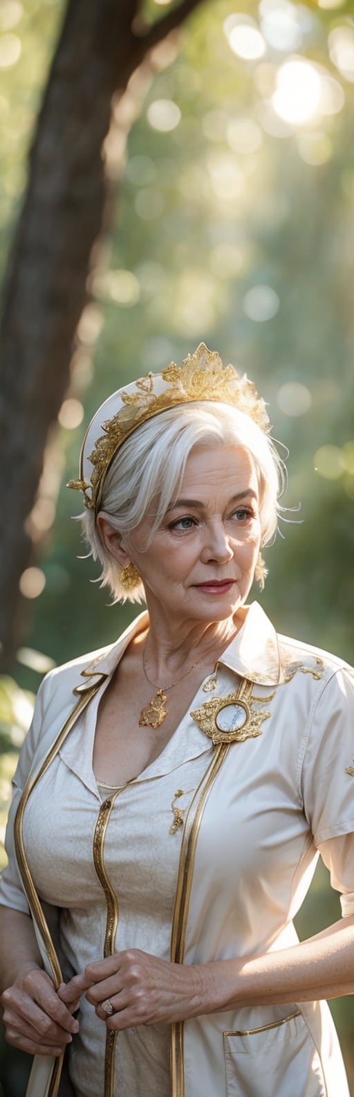  milf,best quality, high resolution, 8k, realistic, sharp focus, photorealistic image of a beautiful white haired old lady nurse in the secret garden amongst ruins and flowers and trees, 55 years old, this nurse wearing golden garb , semi transparent decoration, shiny skin, reflection, far camera shoot, blurry_light_background,1 girl,yuzu