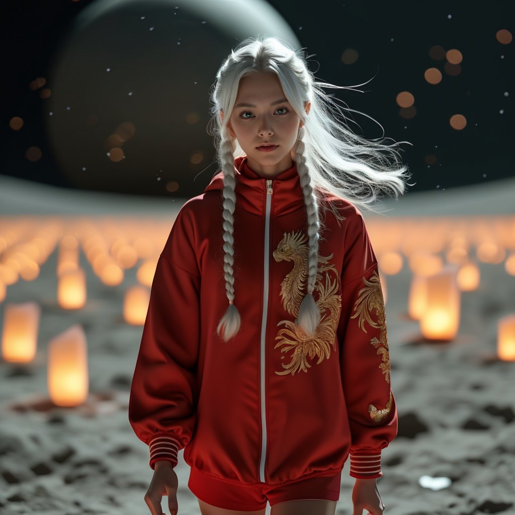 Realistic 16K resolution photography of on Lunar surface, 1girl with exquisite face, walking; Sky lanterns floating in the air full around, giant earth in the sky. illuminated by film grain, realistic style, realistic skin texture, dramatic lighting, soft lighting, exaggerated perspective of ((Wide-angle lens depth)), extreme detail description,
break, 
1girl, white hair, long braid hair,floating hair, green eyes, Exquisitely perfect symmetric very gorgeous face, Exquisite delicate crystal clear skin, Detailed beautiful delicate eyes, perfect slim body shape, slender and beautiful fingers, legs, perfect hands, legs, dressed in red sport jacket with golden Phoenix pattern,