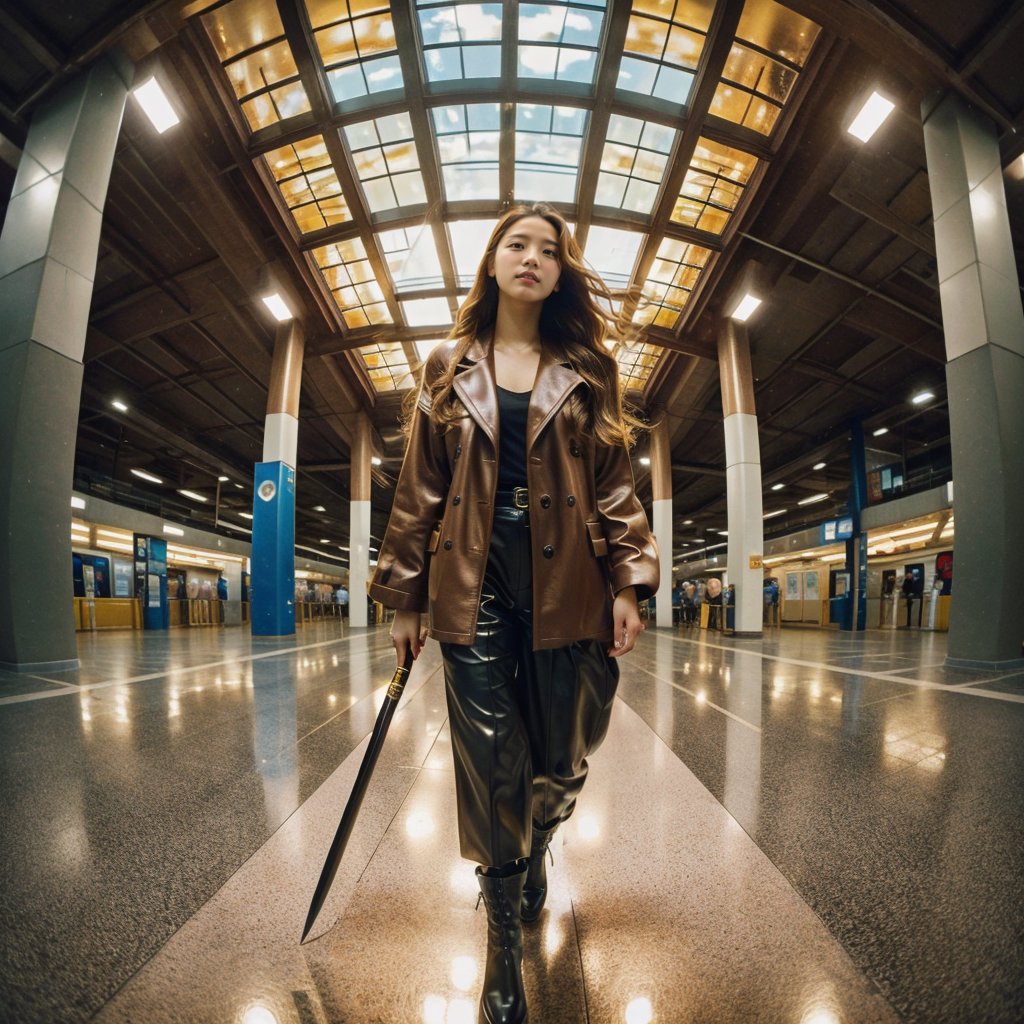 Realistic 16K resolution photography of a girl with golden wavy hair flows in the wind; wearing a brown jacket and leather pants, black boots, and a black sword in her hand, walking in the MRT station, with round metal pillars and a ceiling made of colored glass behind her.
break, 
1 girl, Exquisitely perfect symmetric very gorgeous face, Exquisite delicate crystal clear skin, Detailed beautiful delicate eyes, perfect slim body shape, slender and beautiful fingers, nice hands, perfect hands, illuminated by film grain, realistic skin, dramatic lighting, soft lighting, exaggerated perspective of ((fisheye lens depth)),