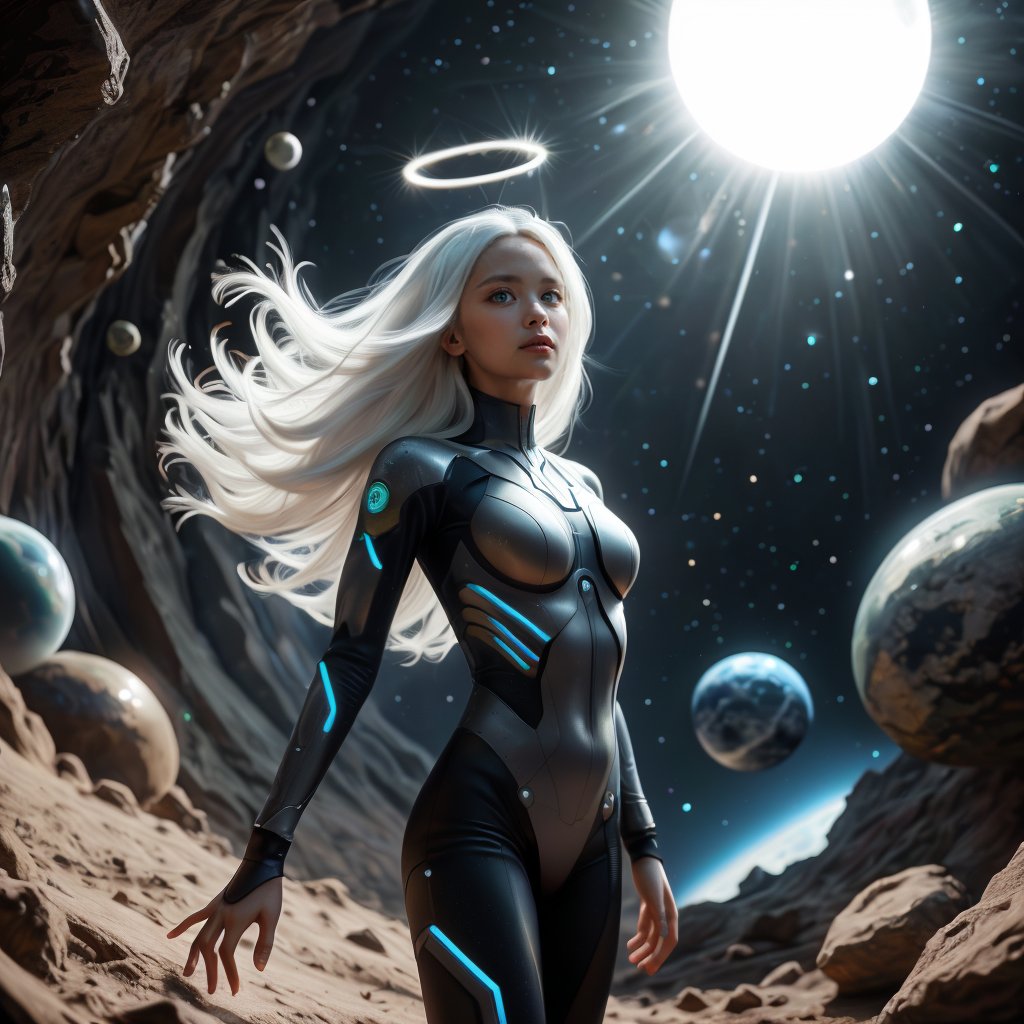 Realistic 16K resolution photography of on Lunar surface, 1girl wearing a glowing floating halo, standing. 
break, 
1girl, white hair, long braid hair,floating hair, green eyes, Exquisitely perfect symmetric very gorgeous face, Exquisite delicate crystal clear skin, Detailed beautiful delicate eyes, perfect slim body shape, slender and beautiful fingers, legs, perfect hands, legs, dressed in red sport jacket with golden Phoenix pattern, illuminated by film grain, realistic style, realistic skin texture, dramatic lighting, soft lighting, exaggerated perspective of ((Wide-angle lens depth)), extreme detail description,