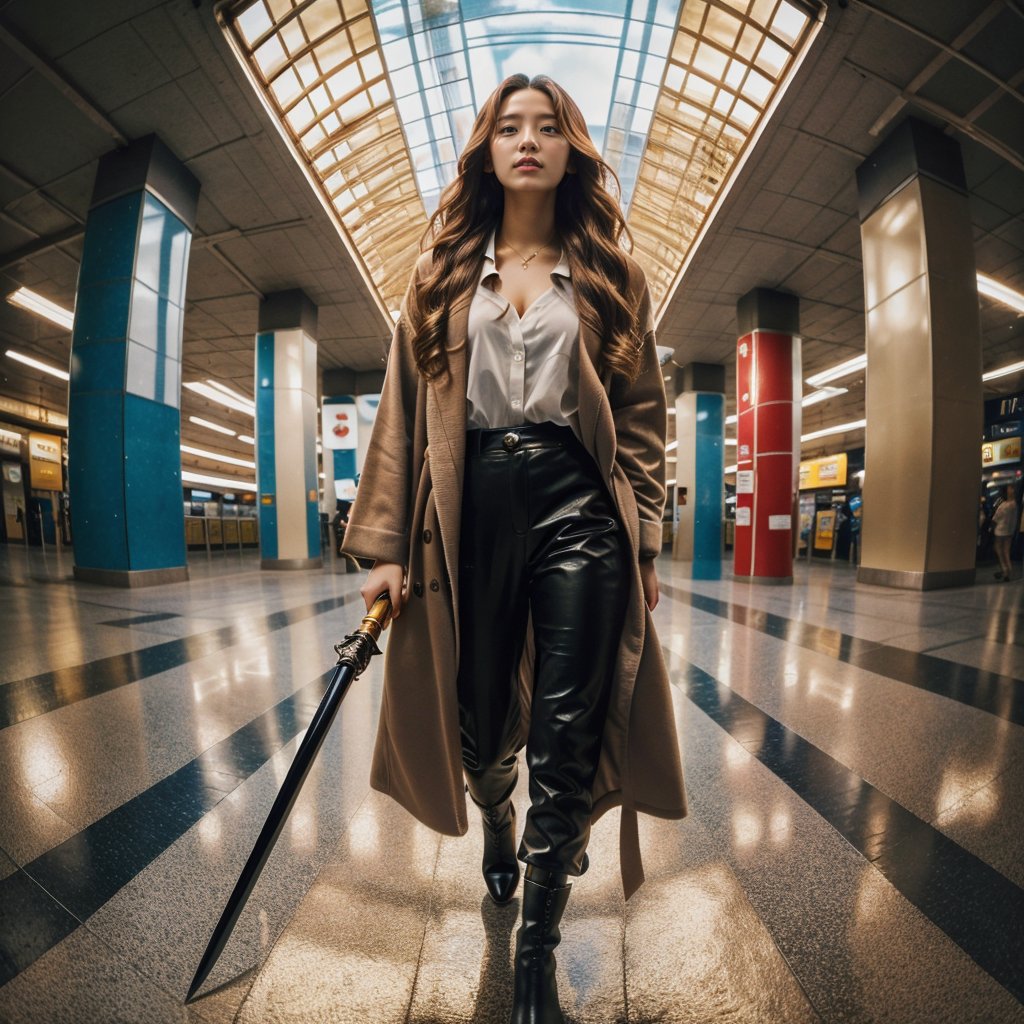 Realistic 16K resolution photography of a girl with golden wavy hair flows in the wind; wearing a brown jacket and leather pants, black boots, and a black sword in her hand, walking in the MRT station, with round metal pillars and a ceiling made of colored glass behind her.
break, 
1 girl, Exquisitely perfect symmetric very gorgeous face, Exquisite delicate crystal clear skin, Detailed beautiful delicate eyes, perfect slim body shape, slender and beautiful fingers, nice hands, perfect hands, illuminated by film grain, realistic skin, dramatic lighting, soft lighting, exaggerated perspective of ((fisheye lens depth)),