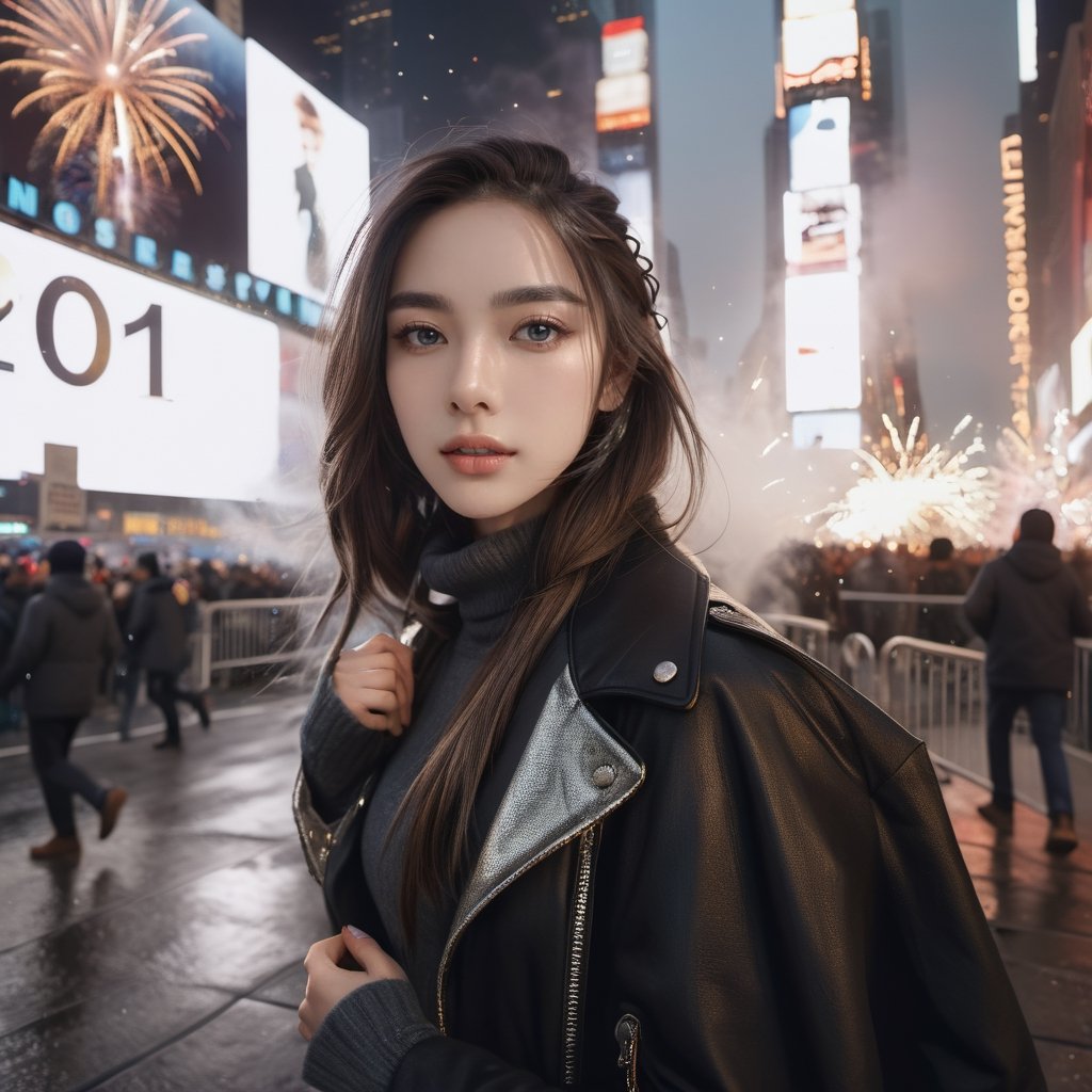 photo-realistic masterpiece depiction a beautiful fashion model looks like K-pop singer, running into Time Sqaure at New York for New year eve, big screen shows finial counting down, fireworks in the sky, cinematic lighting, diffused lighting, RAW photo, symmetry photo, epic scale, sharp focus, fish-eye lens, wide-angle lens, insane details, 
break, 
(1 girl, medium long hair, braid hair, silver hair,  Exquisitely perfect symmetric very gorgeous face,  perfect breasts,  Exquisite delicate crystal clear skin,  Detailed beautiful delicate eyes, perfect slim body shape, slender and beautiful fingers:0.9,nice hands, perfect hands, full_body,), dressing winter outfit,