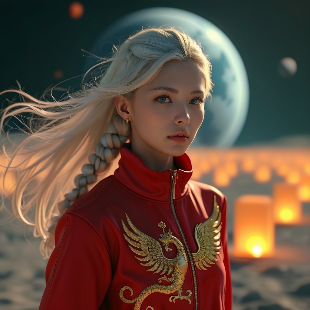 Realistic 16K resolution photography of on Lunar surface, 1girl with exquisite face, walking; Sky lanterns floating in the air full around, giant earth in the sky. illuminated by film grain, realistic style, realistic skin texture, dramatic lighting, soft lighting, exaggerated perspective of ((Wide-angle lens depth)), extreme detail description,
break, 
1girl, white hair, long braid hair,floating hair, green eyes, Exquisitely perfect symmetric very gorgeous face, Exquisite delicate crystal clear skin, Detailed beautiful delicate eyes, perfect slim body shape, slender and beautiful fingers, legs, perfect hands, legs, dressed in red sport jacket with golden Phoenix pattern,