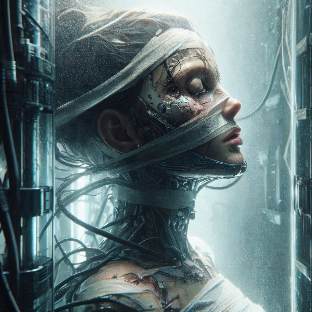 ((Realistic 8K resolution, RAW, extreme detail description)) photography of grungy extremely shattered oil painting dark artistic close-up portrait of stunning cyberpunk female, bandages clothing, floating fully immersed and wired in a futuristic vertical healing chamber, underwater
break, 
1girl, Exquisitely perfect symmetric very gorgeous face, Exquisite delicate crystal clear skin, Detailed beautiful delicate eyes, perfect slim body shape, slender and beautiful fingers, legs, perfect hands, legs, illuminated by film grain, realistic style, realistic skin texture, dramatic lighting, soft lighting, exaggerated perspective of ((Wide-angle lens depth)),