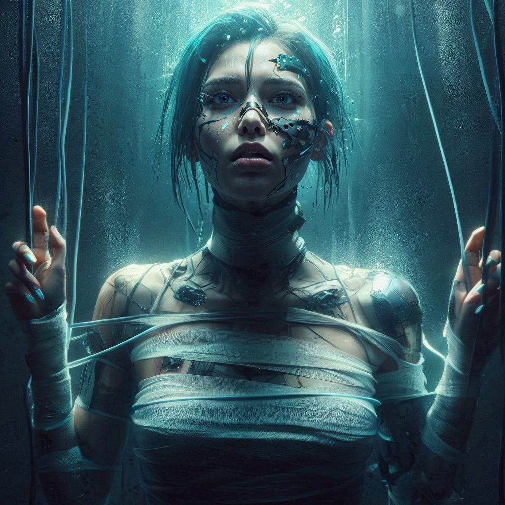 ((Realistic 8K resolution, RAW, extreme detail description)) photography of grungy extremely shattered oil painting dark artistic close-up portrait of stunning cyberpunk female, bandages clothing, floating fully immersed and wired in a futuristic vertical healing chamber, underwater
break, 
1girl, Exquisitely perfect symmetric very gorgeous face, Exquisite delicate crystal clear skin, Detailed beautiful delicate eyes, perfect slim body shape, slender and beautiful fingers, legs, perfect hands, legs, illuminated by film grain, realistic style, realistic skin texture, dramatic lighting, soft lighting, exaggerated perspective of ((Wide-angle lens depth)),