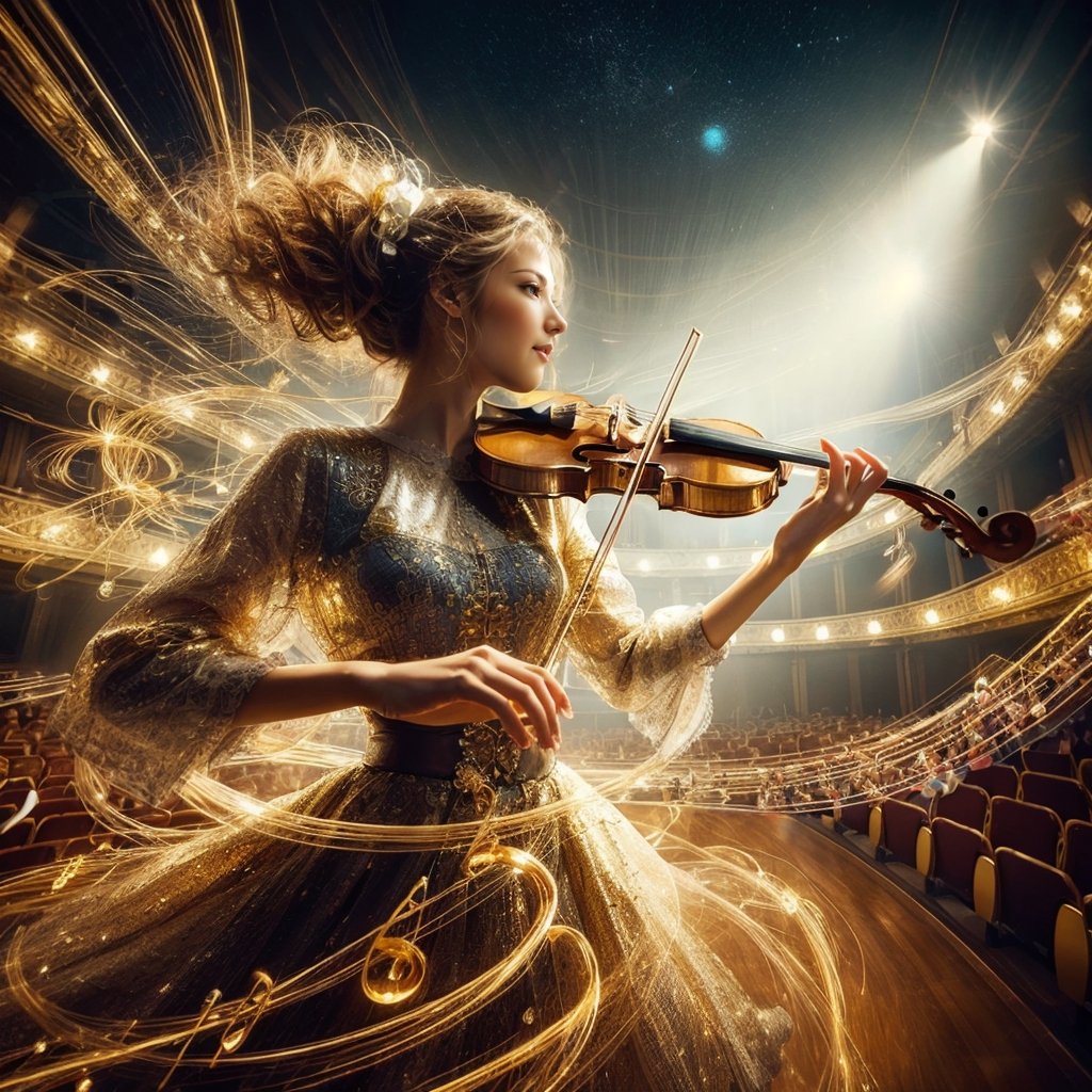 Realistic 8K resolution photography of multiple exposure photography featuring golden music note with extreme motion blur and twisted speed lines,  A joyful girl wearing fashionable outfit, playing violin on the stage of the concert hall. illuminated by film grain, Film photo style, realistic skin, dramatic lighting, soft lighting, exaggerated perspective of fisheye lens depth,
break, 
1 girl, Exquisitely perfect symmetric very gorgeous face, perfect breasts, Exquisite delicate crystal clear skin, Detailed beautiful delicate eyes, perfect slim body shape, slender and beautiful fingers, nice hands, perfect hands, perfect pussy, illuminated by film grain, Film photo style, realistic skin, fish-eye lens, lens flare,More Detail, exaggerated perspective of fisheye lens depth,
