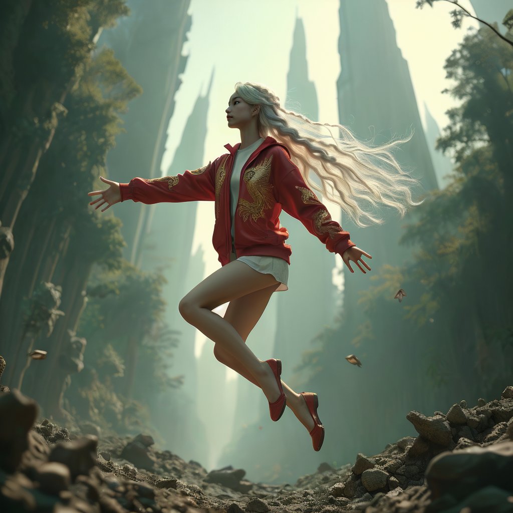 Realistic 16K resolution photography of on Lunar surface, 1girl with exquisite face, jumping up in deep mountain near bamboo forest. illuminated by film grain, realistic style, realistic skin texture, dramatic lighting, soft lighting, exaggerated perspective of ((Wide-angle lens depth)), extreme detail description,
break, 
1girl, white hair, long braid hair,floating hair, green eyes, Exquisitely perfect symmetric very gorgeous face, Exquisite delicate crystal clear skin, Detailed beautiful delicate eyes, perfect slim body shape, slender and beautiful fingers, legs, perfect hands, legs, dressed in red sport jacket with golden Phoenix pattern,