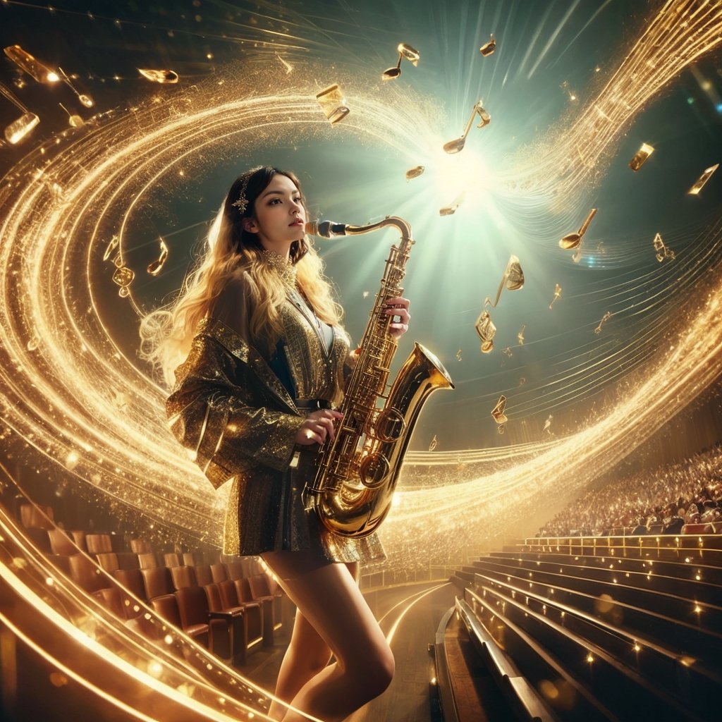 Realistic 8K resolution photography of multiple exposure photography featuring golden music note with extreme motion blur and twisted speed lines,  A joyful girl wearing fashionable outfit, playing saxphone on the stage of the concert hall. illuminated by film grain, Film photo style, realistic skin, dramatic lighting, soft lighting, exaggerated perspective of fisheye lens depth,
break, 
1 girl, Exquisitely perfect symmetric very gorgeous face, perfect breasts, Exquisite delicate crystal clear skin, Detailed beautiful delicate eyes, perfect slim body shape, slender and beautiful fingers, nice hands, perfect hands, perfect pussy, illuminated by film grain, Film photo style, realistic skin, fish-eye lens, lens flare,More Detail, exaggerated perspective of fisheye lens depth,