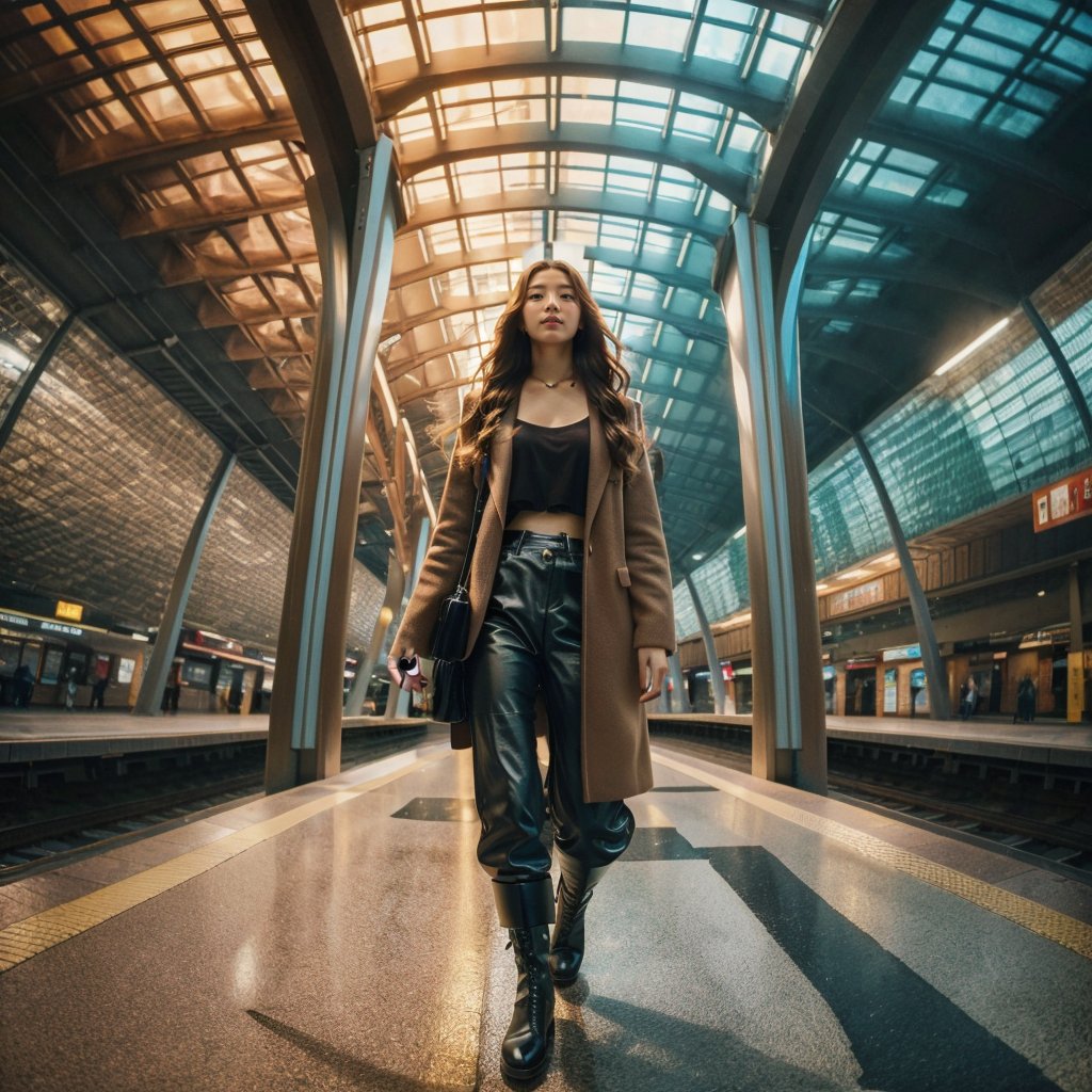 Realistic 16K resolution photography of a girl with golden wavy hair flows in the wind; wearing a brown jacket and leather pants, black boots, and a black sword in her hand, walking in the MRT station, with round metal pillars and a ceiling made of colored glass behind her.
break, 
1 girl, Exquisitely perfect symmetric very gorgeous face, Exquisite delicate crystal clear skin, Detailed beautiful delicate eyes, perfect slim body shape, slender and beautiful fingers, nice hands, perfect hands, illuminated by film grain, realistic skin, dramatic lighting, soft lighting, exaggerated perspective of ((fisheye lens depth)),