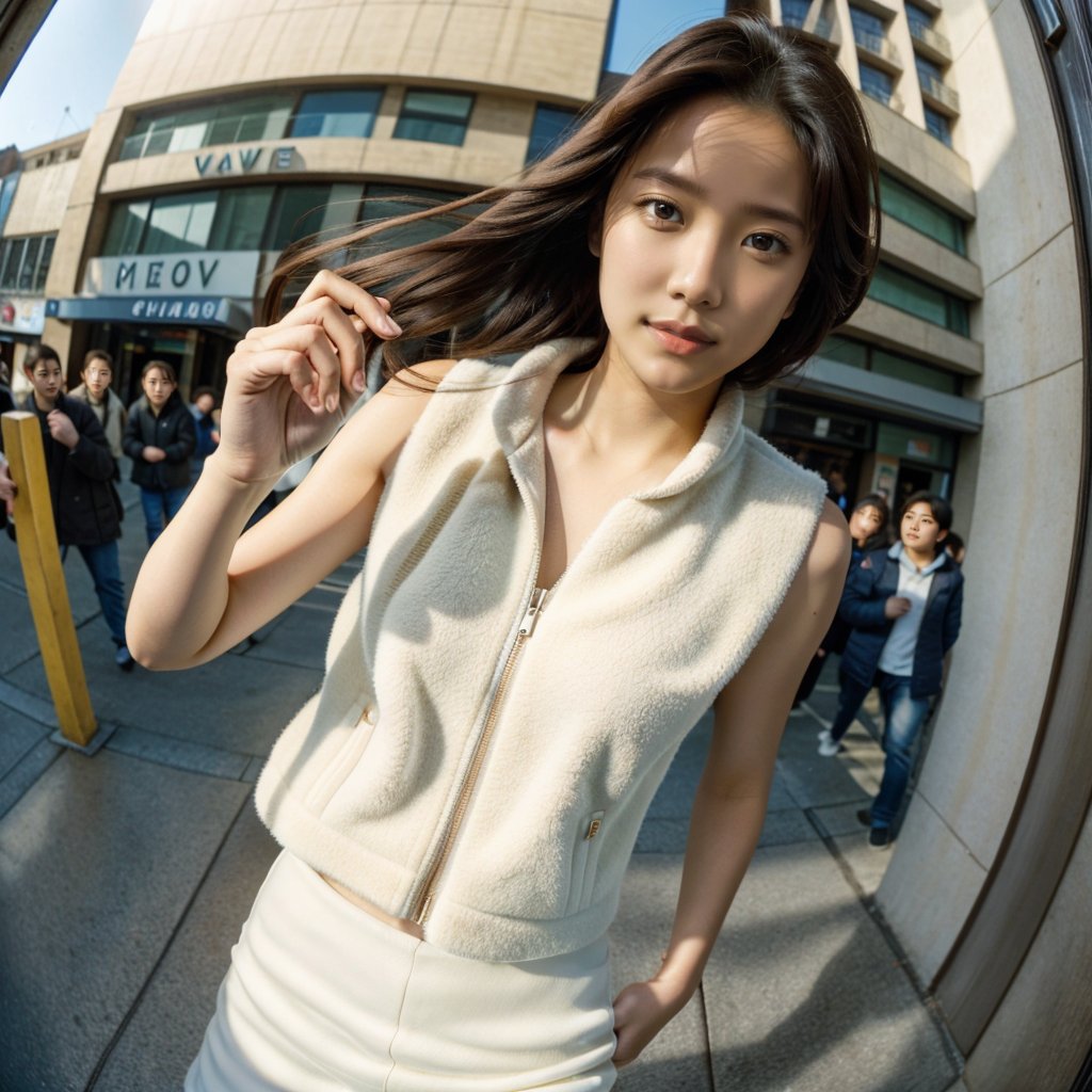 Realistic 16K resolution photography of a girl with hair flowing in the wind, wearing a white fleece vest, strolling through the city center,
break, 
1 girl, Exquisitely perfect symmetric very gorgeous face, Exquisite delicate crystal clear skin, Detailed beautiful delicate eyes, perfect slim body shape, slender and beautiful fingers, nice hands, perfect hands, illuminated by film grain, realistic skin, dramatic lighting, soft lighting, exaggerated perspective of ((fisheye lens depth)),