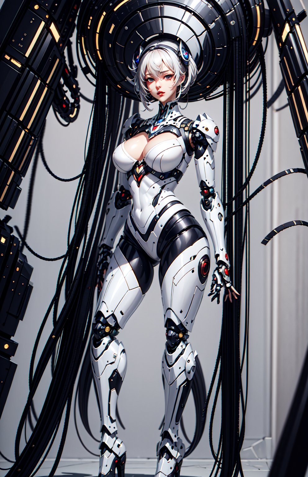 masterpiece, best quality, looking at the viewer, aggressive looking face, big eyes, red lips, fat big lips, outdoors, very muscular woman, robot hands are well shown, standing, full Red Leg armor costume,  white leggings,  Dramatic lighting,  Night time,  Firestorm,  Rugged and rocky terrain background, Big beautiful eyes,  long straight hair,  High detailed full body,  Head to feet,  robot_girl, subject in the middle of the frame, rfktr_technotrex , EpicLogo,neon_genesis_girl