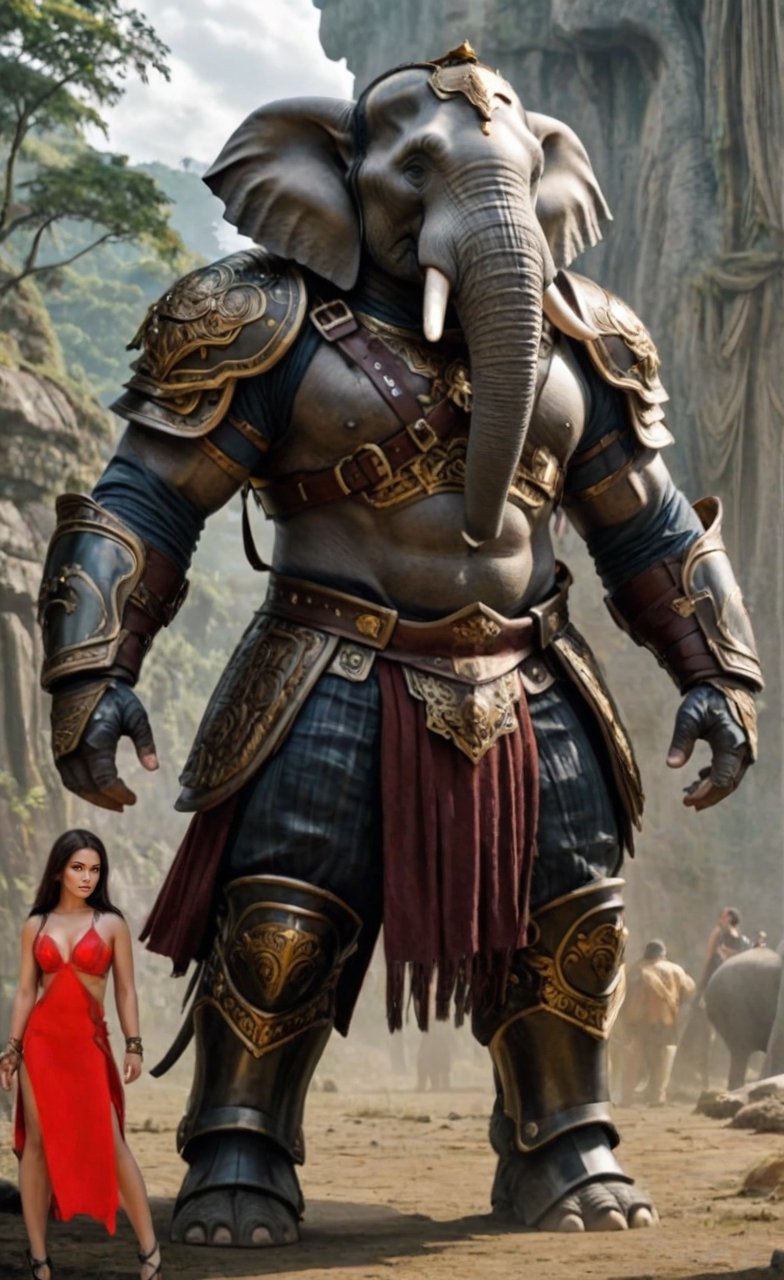 a very muscular man, with a very heavy body, a mutant human, elephant head & human body, aged looks, head of an elephant, full body armour, a beautiful girl standing next to him, Magical Fantasy style