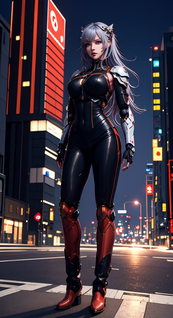 masterpiece,  best quality,  aggressive looking face, big eyes, outdoors, very muscular woman, hands are well shown,  standing, super-hero style, full metal body armour in red & black colour, red leggings, (Red & black leather pointed angle boots),  Dramatic lighting, Night time,  sci-fi modern city in the background, Night time, blue eyes, silver hair,  alternate_hair_style, ((groomed hair)), High detailed full body, Head to feet, girl,mecha_girl_figure
